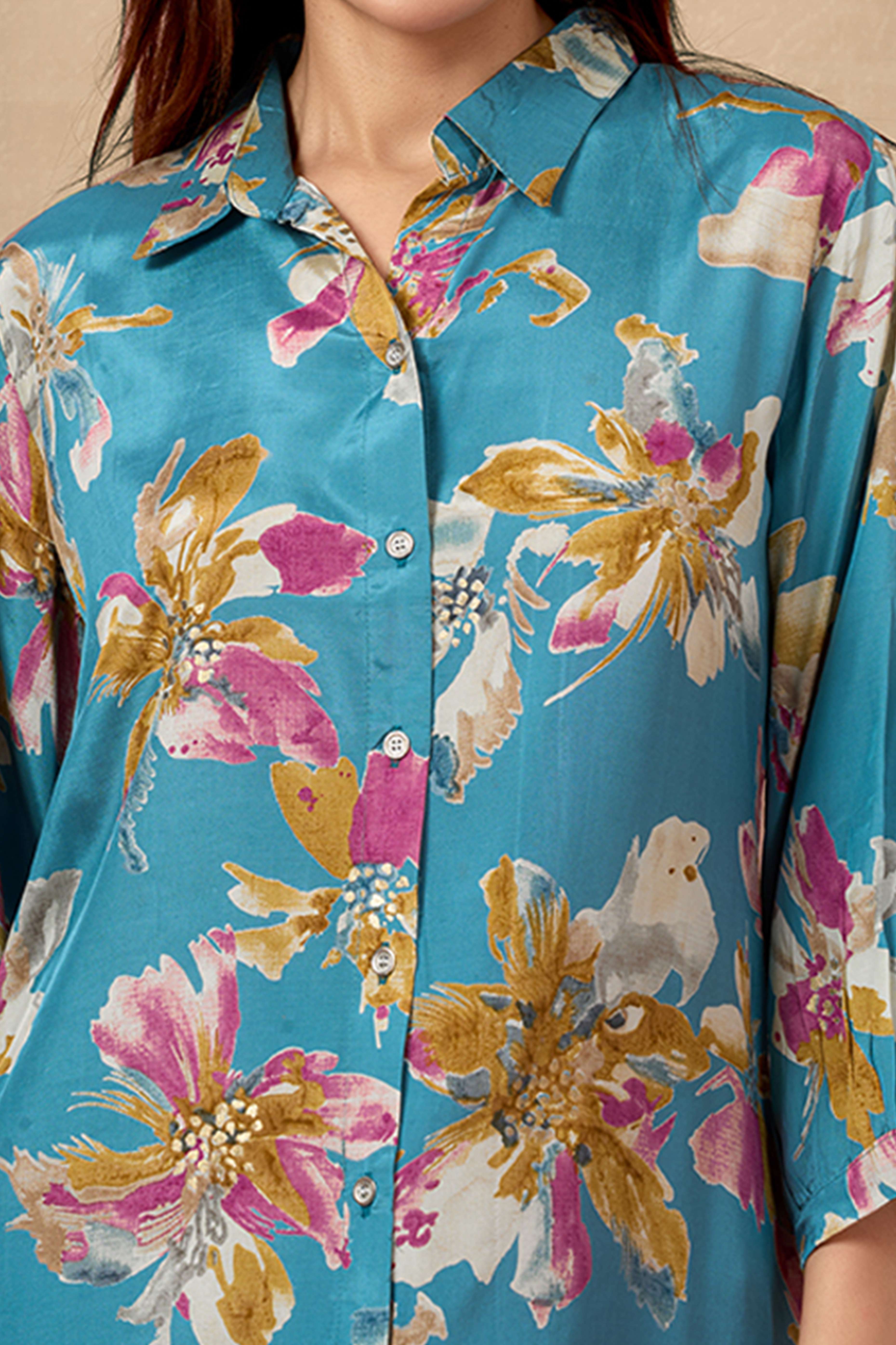 Turquoise Collar Neck Top in Lightweight Muslin with Delicate Floral Prints