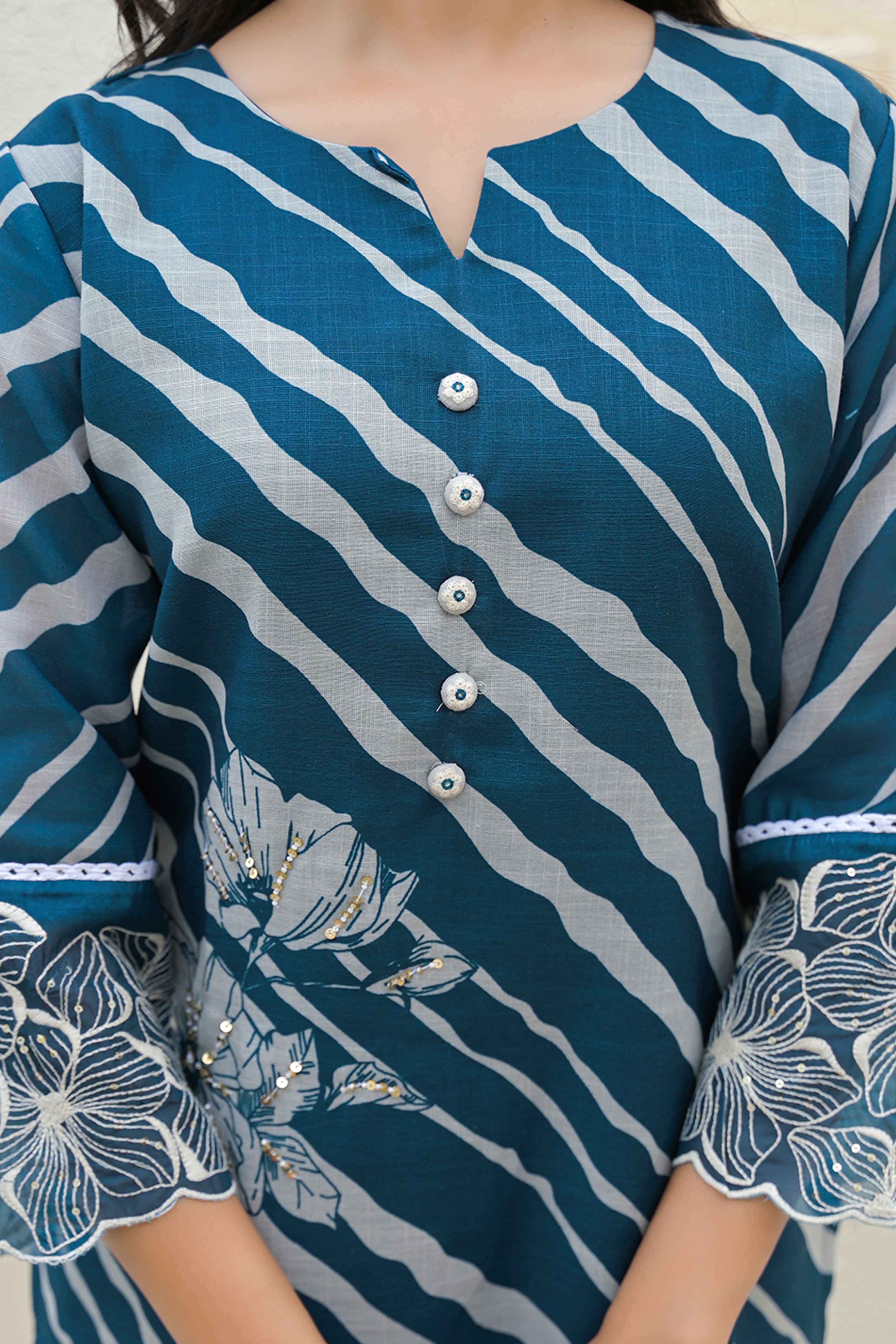 Modern Teal Linen Suit with Artistic Floral Print and Stone Accents