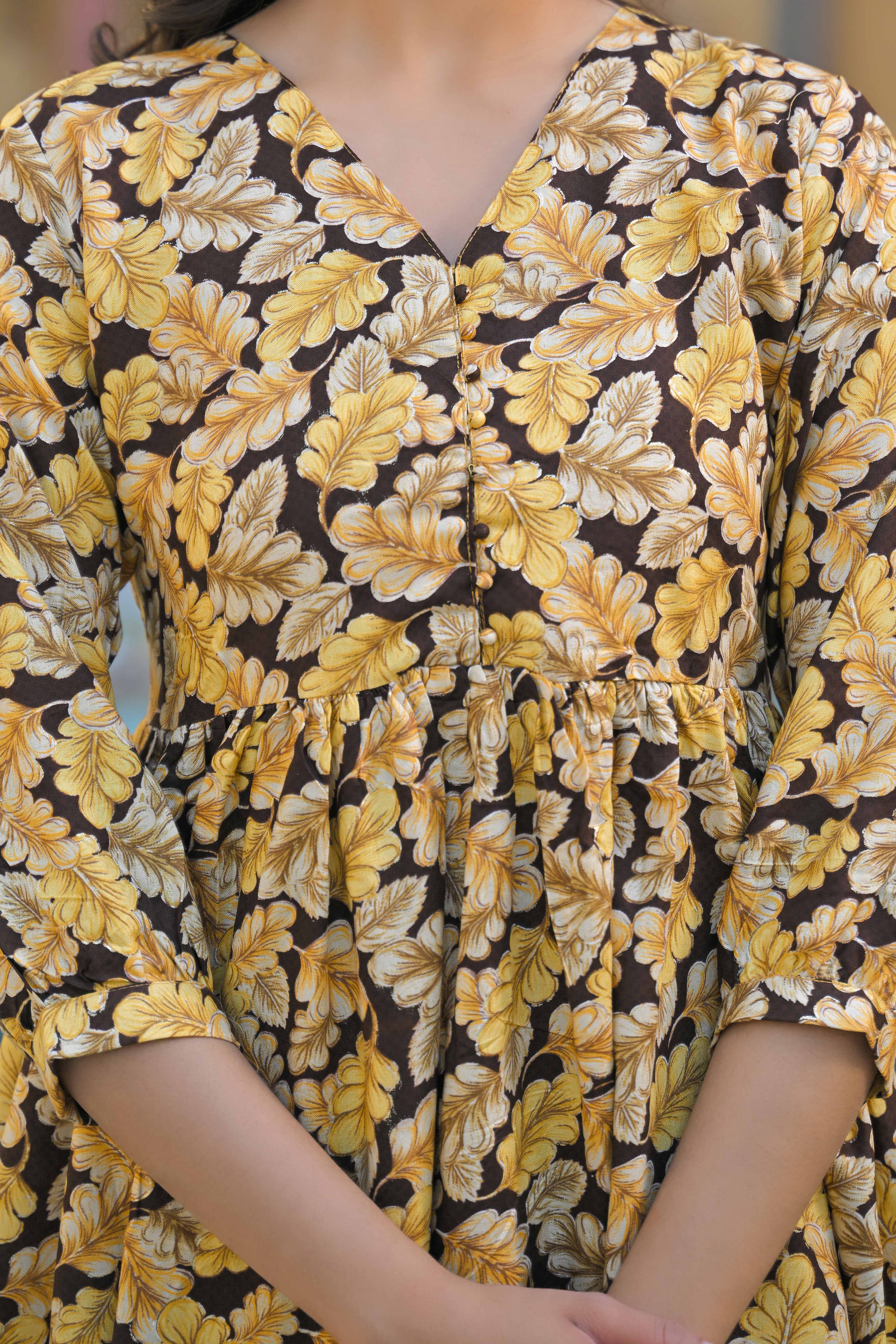 Brown Floral Printed Rayon A-Line Top