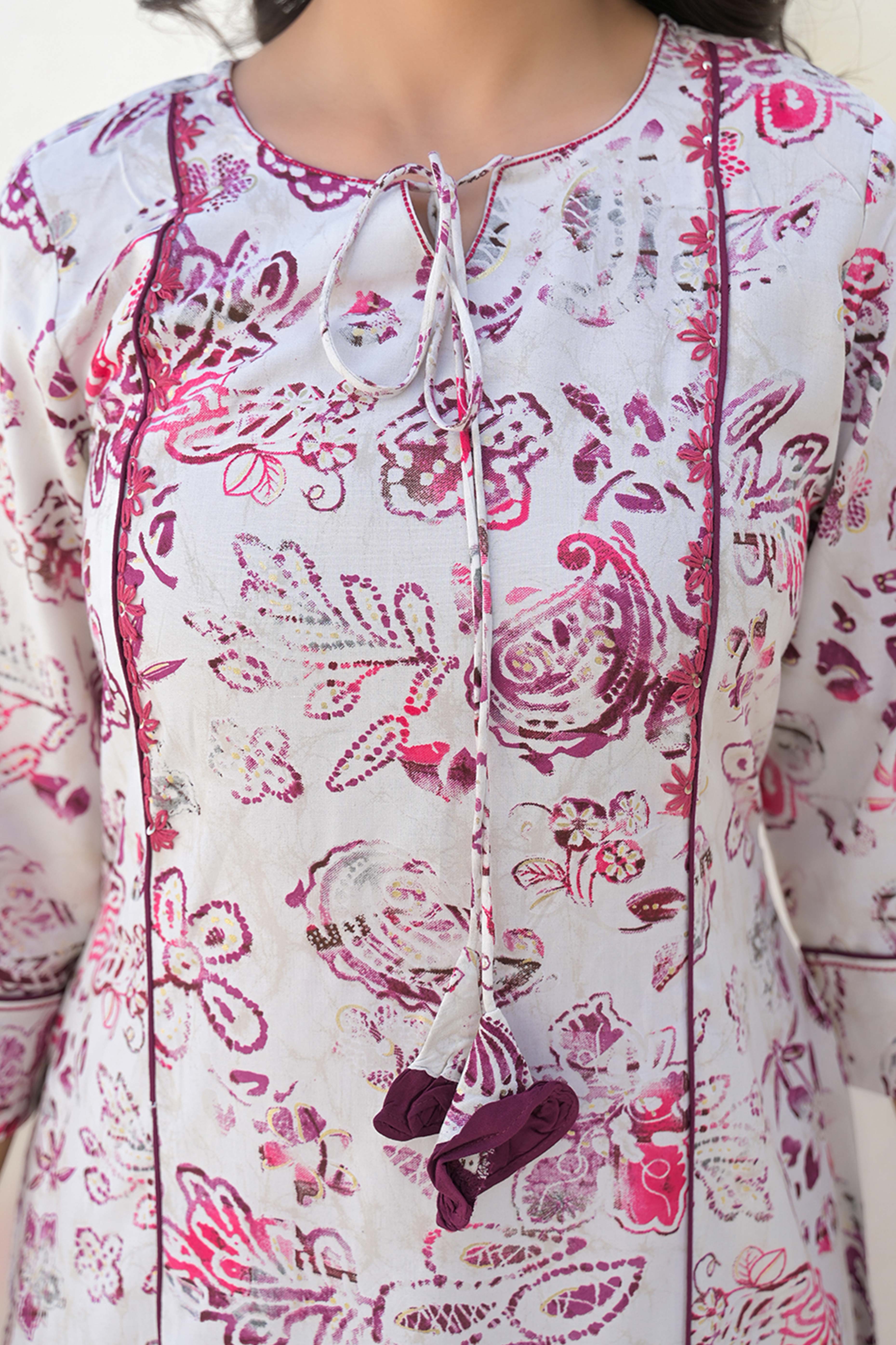 Off White Rayon A-line Kurti With Artistic Floral Prints