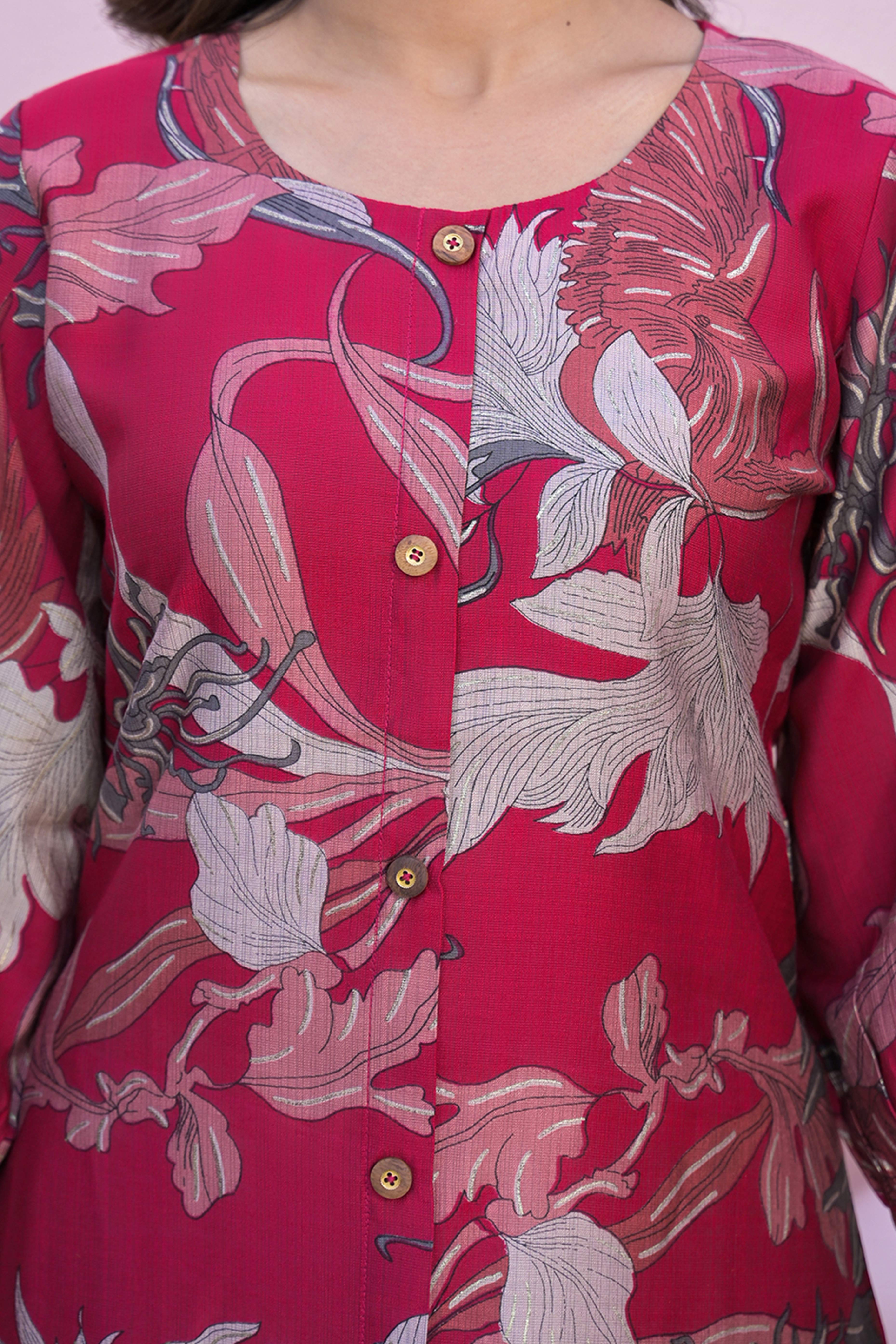 Rani Pink Floral Printed A-Line Kurti in Pure Cotton Fabric