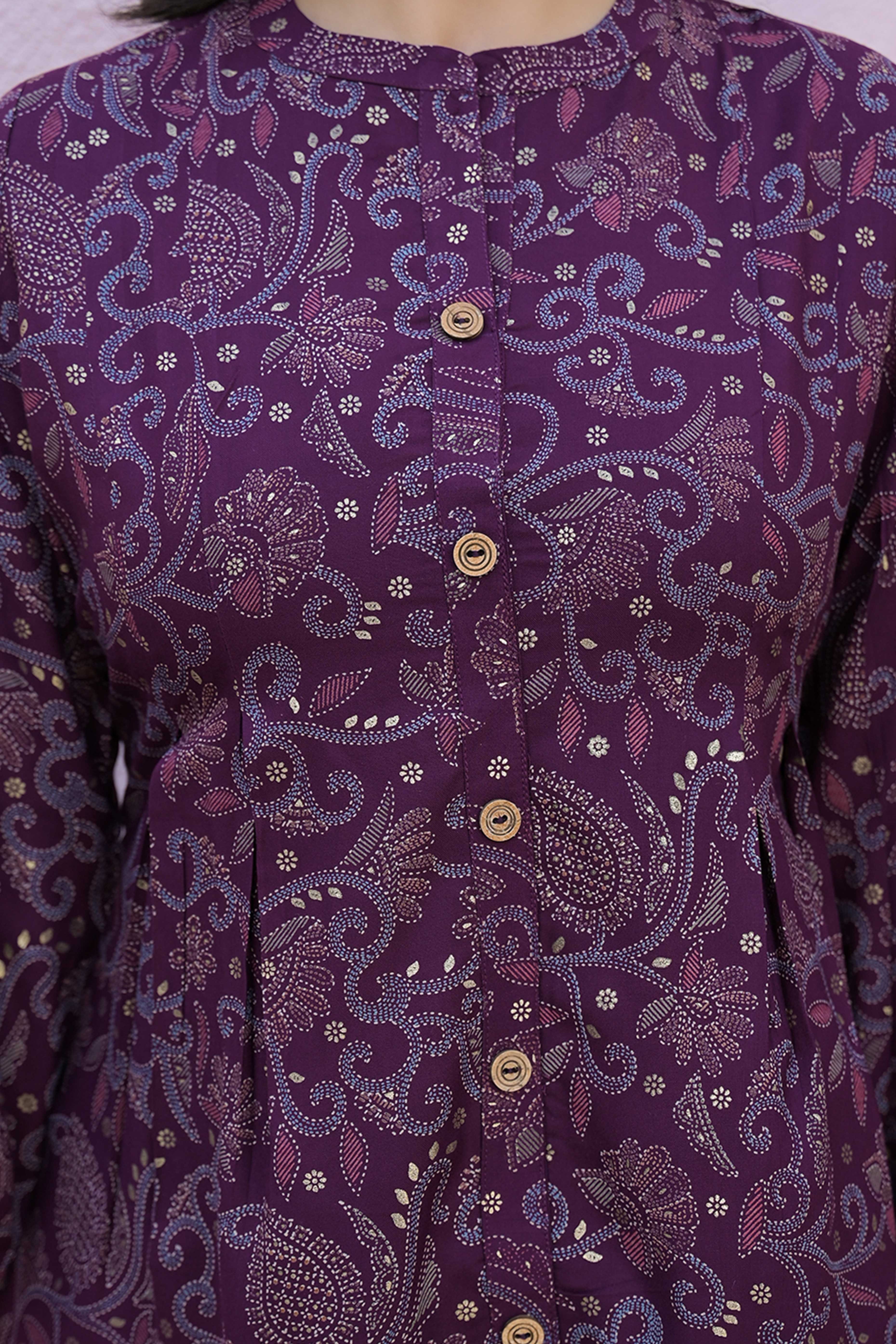 Purple Rayon A-Line Top with Elegant Floral Foil Prints