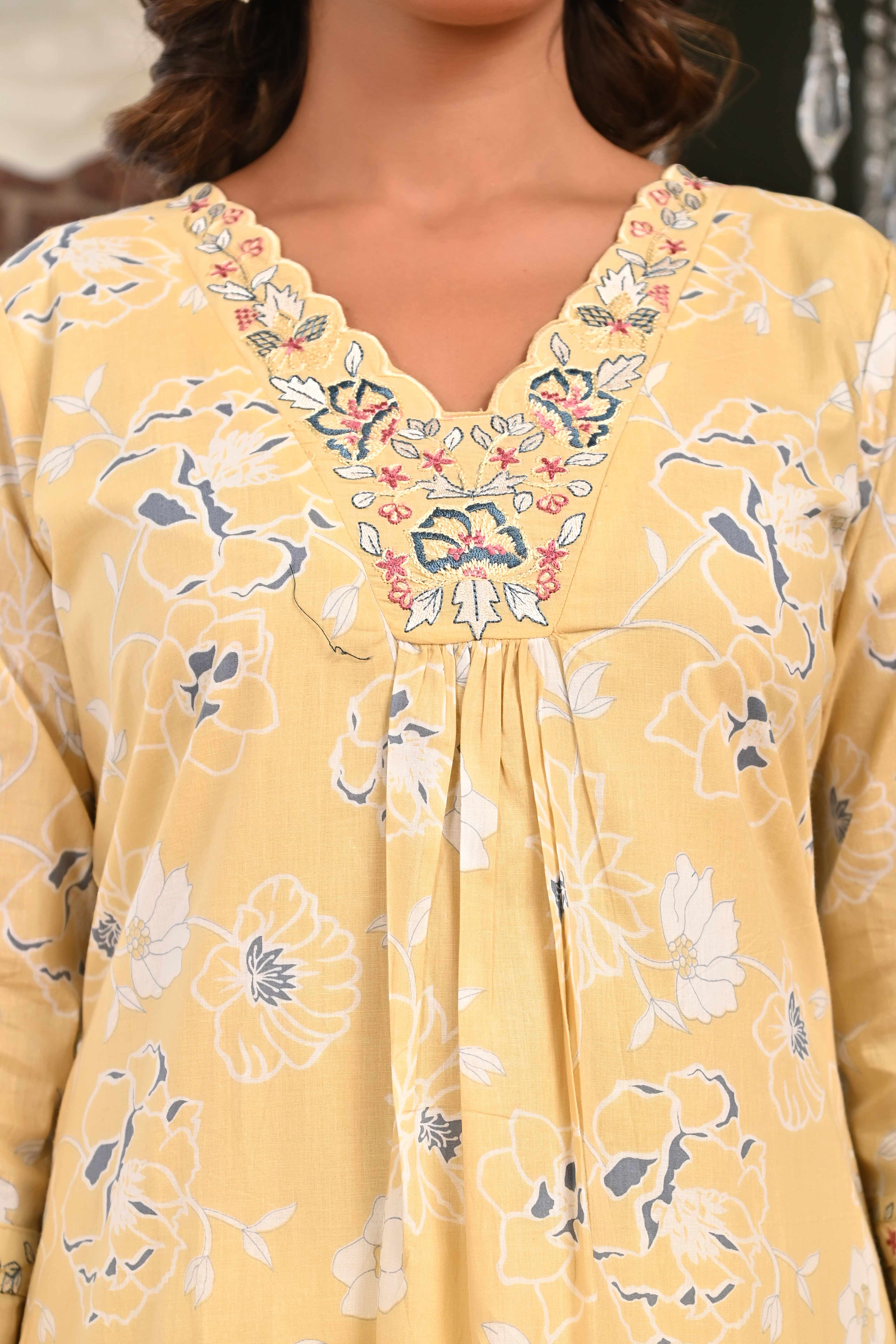 Powder Yellow Floral Printed A-Line Salwar Suit in Lightweight Pure Cotton Fabric