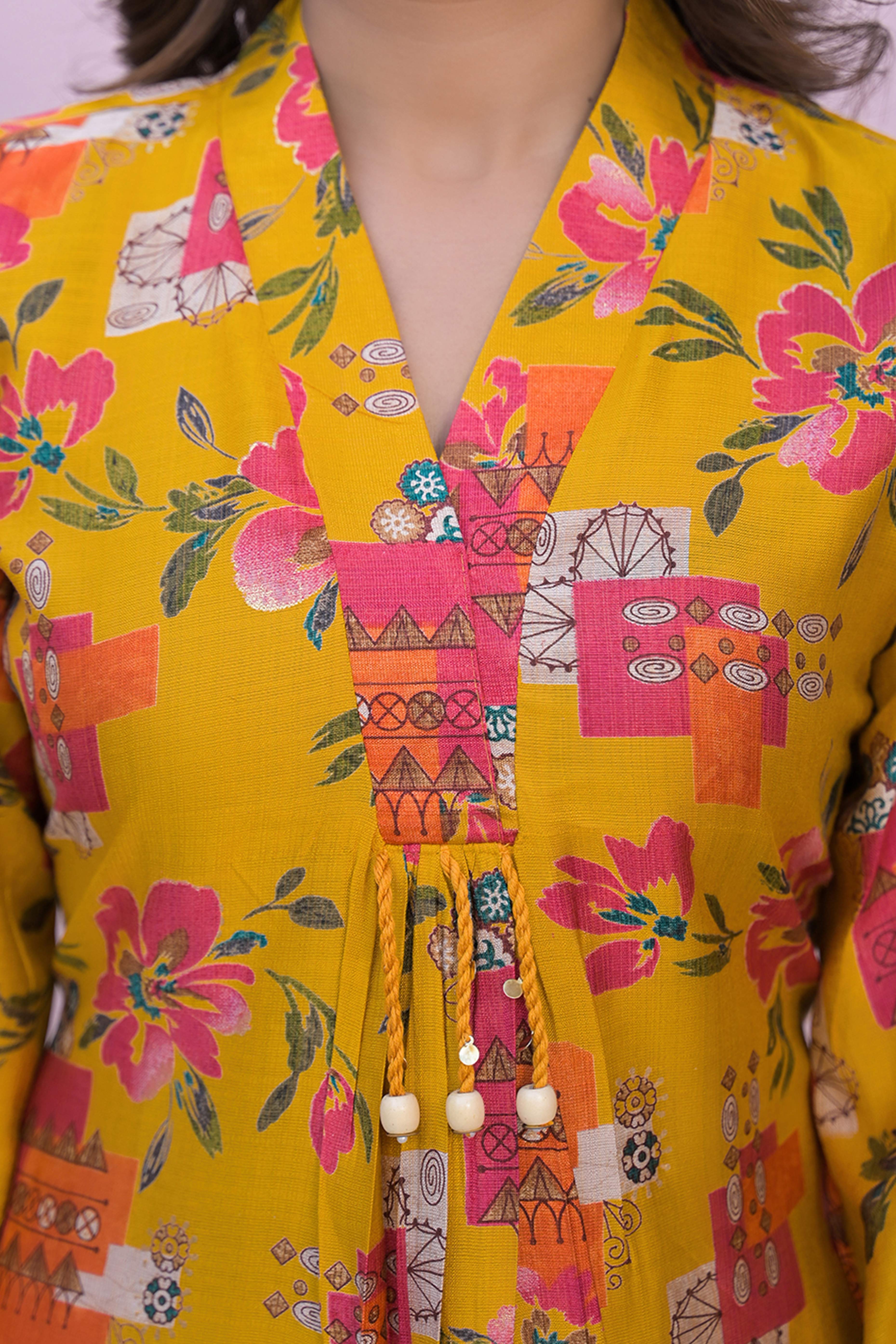 Mustard A-Line Kurti in Soft Viscose with Floral Design