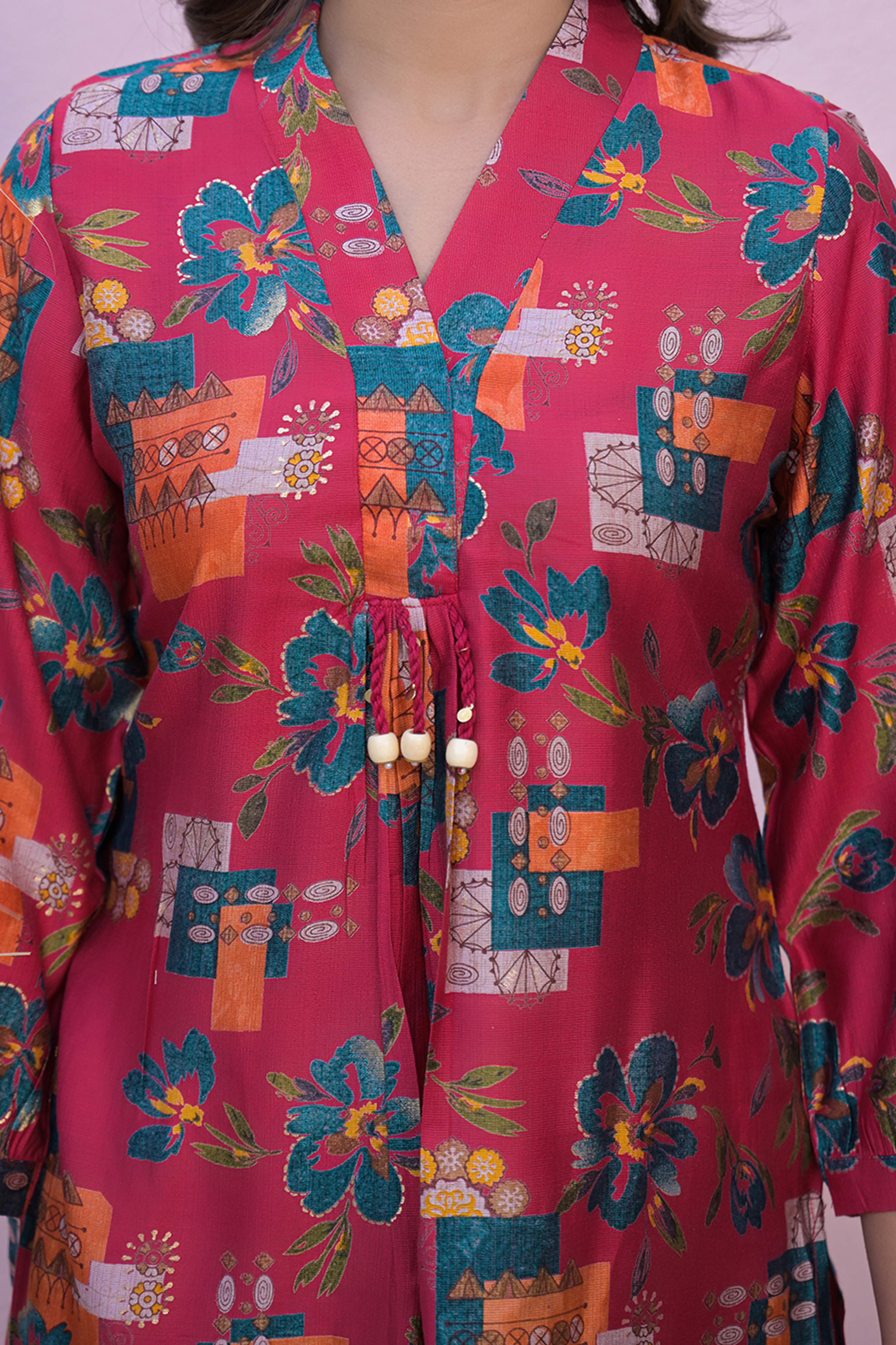 Pink A-Line Kurti in Soft Viscose with Floral Design