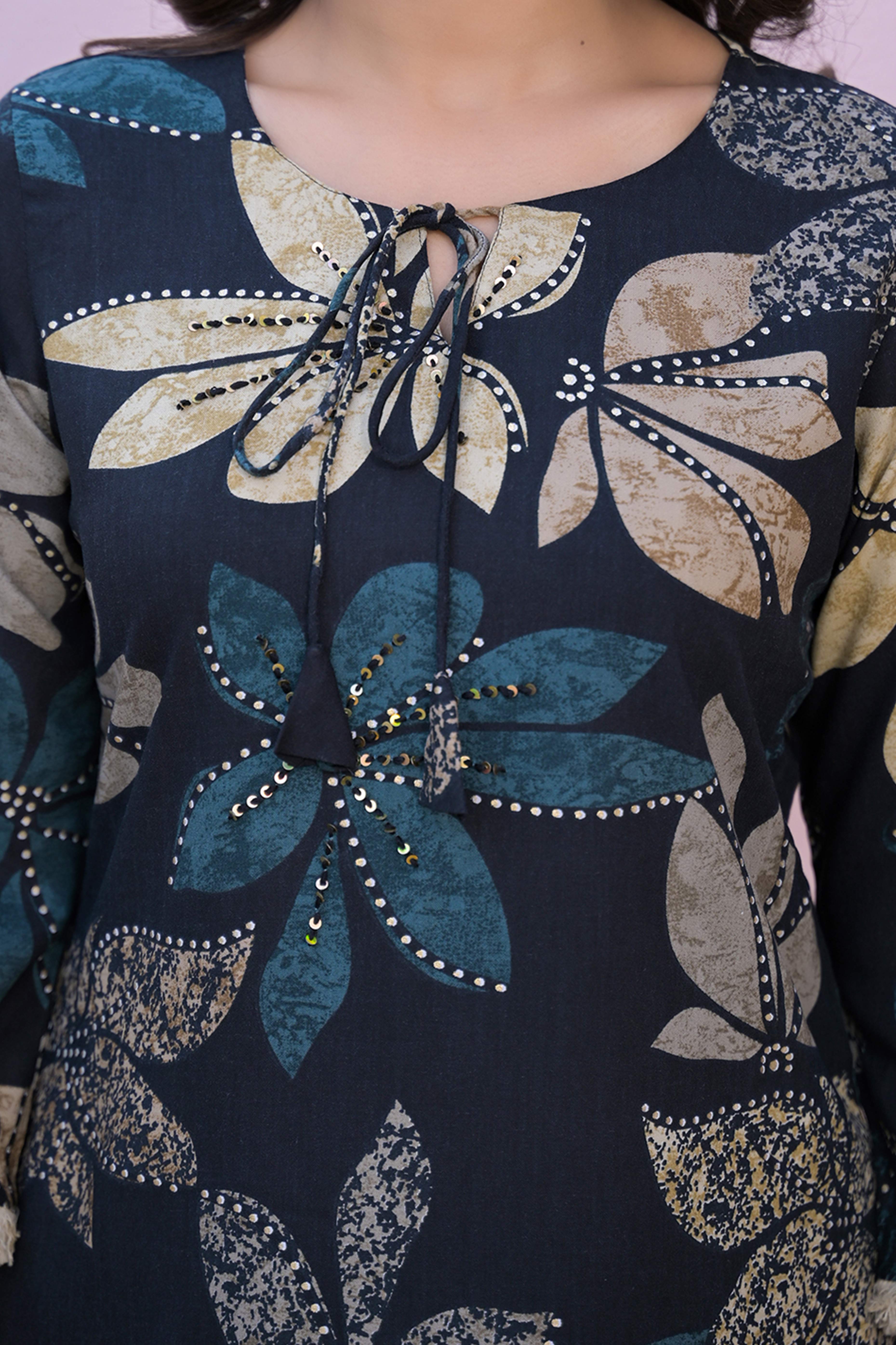 Black Floral Printed Rayon Short Top And Bottom Pant