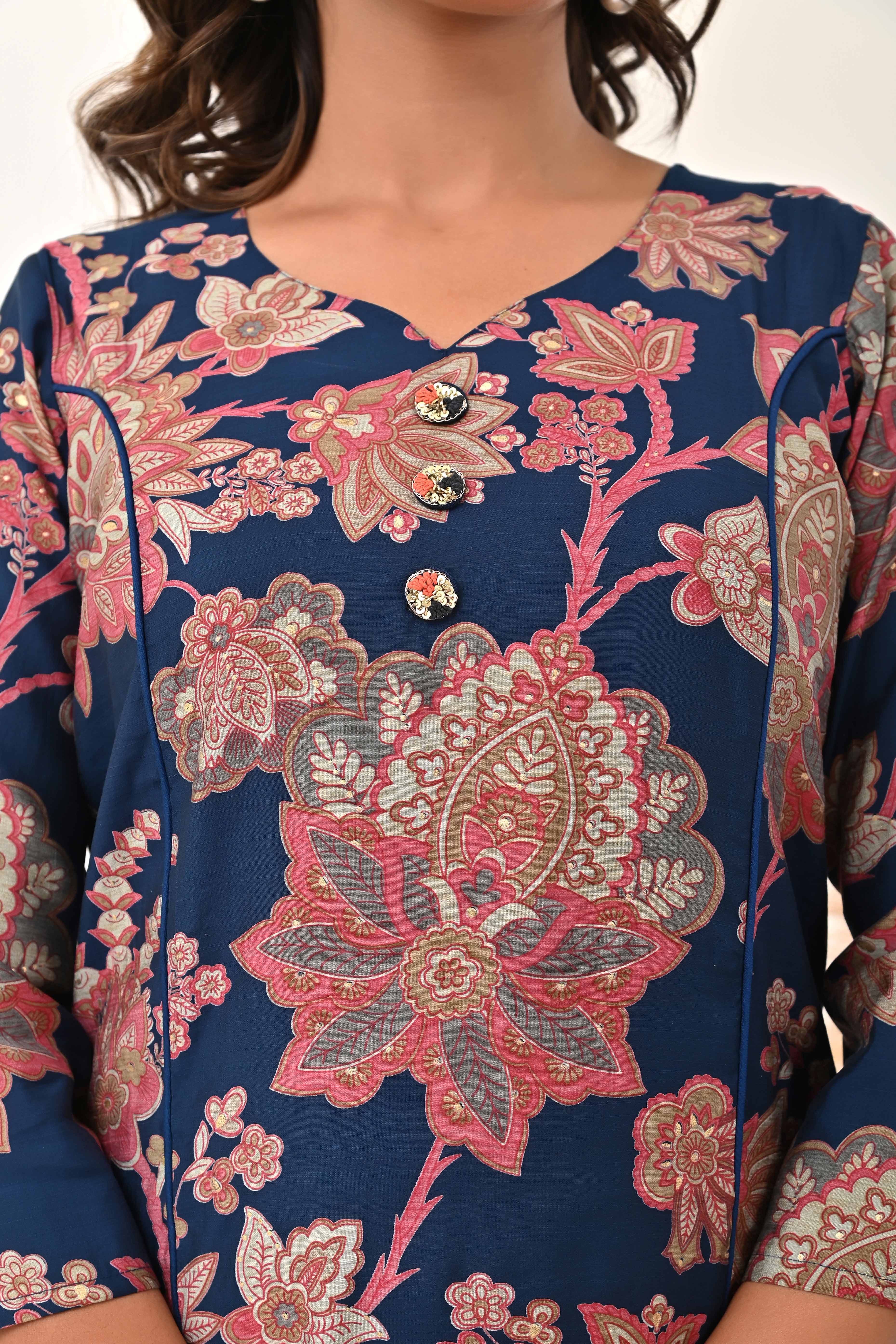 Navy Blue Chanderi Silk Kurti Dress with Artistic Floral Prints