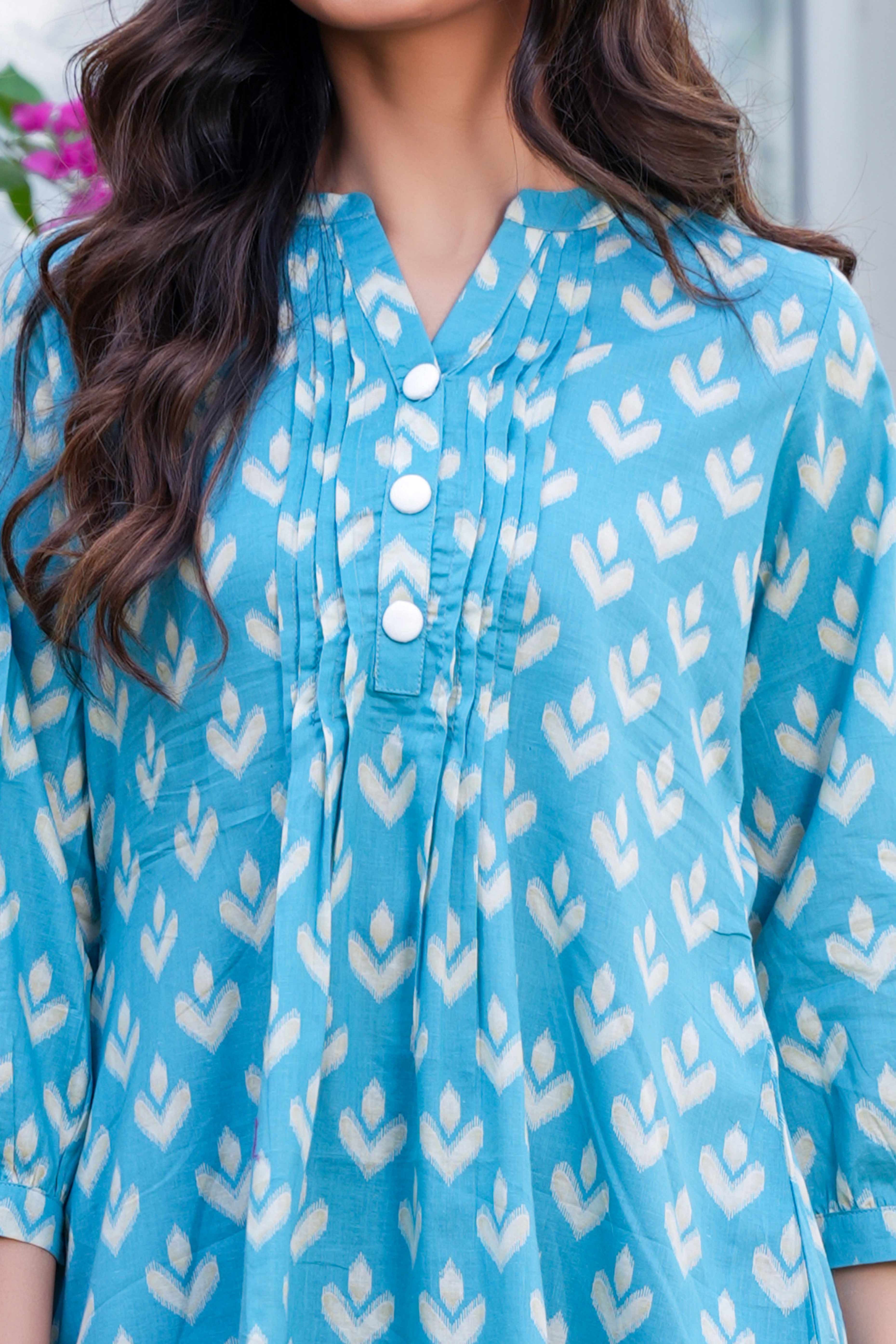 Sky Blue Ikkat Printed Pure Cotton A-Line Tunic for Everyday Wear
