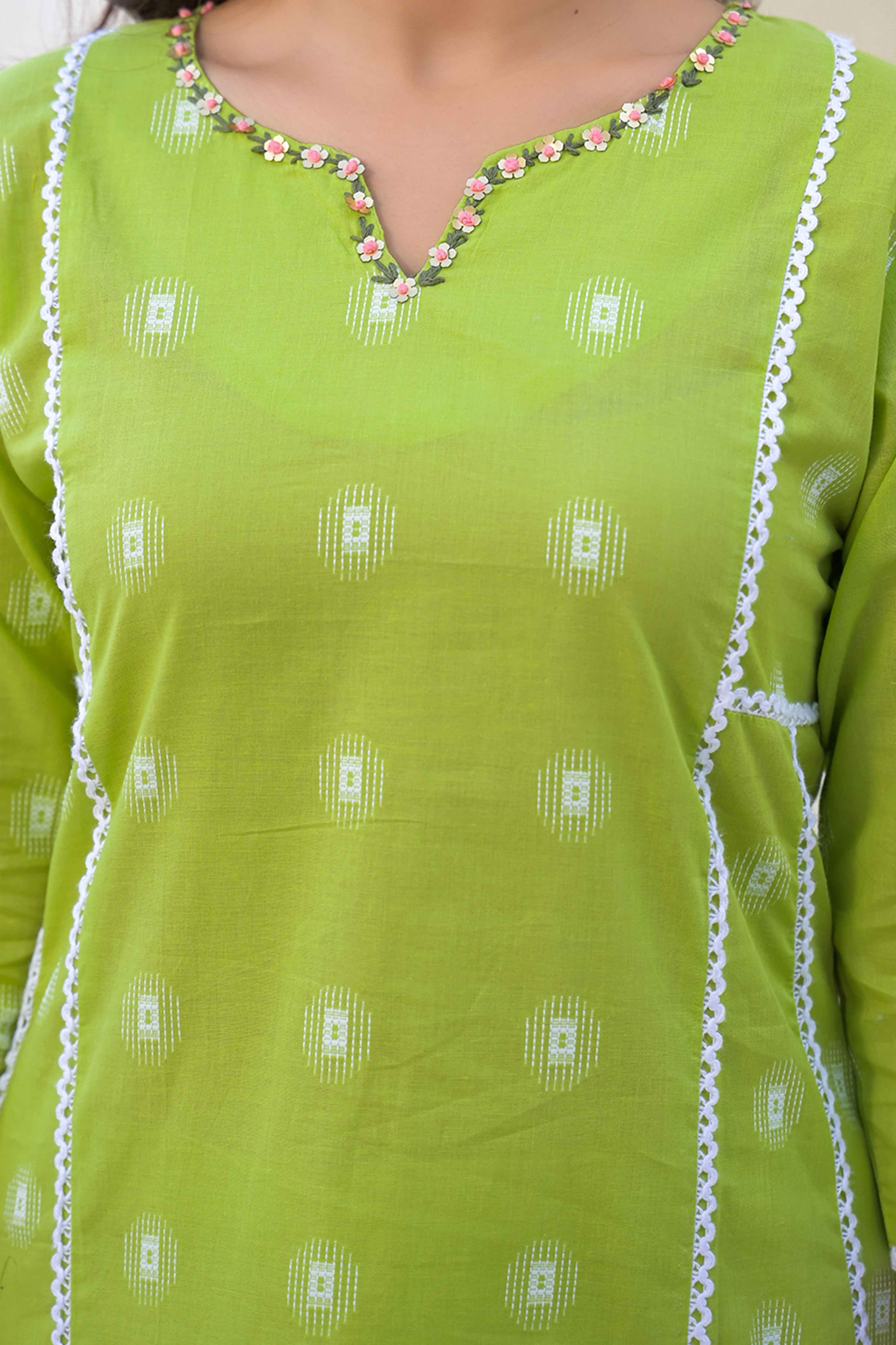 Parrot Green Floral Printed Cotton Top Bottom Set with Neck Detailing