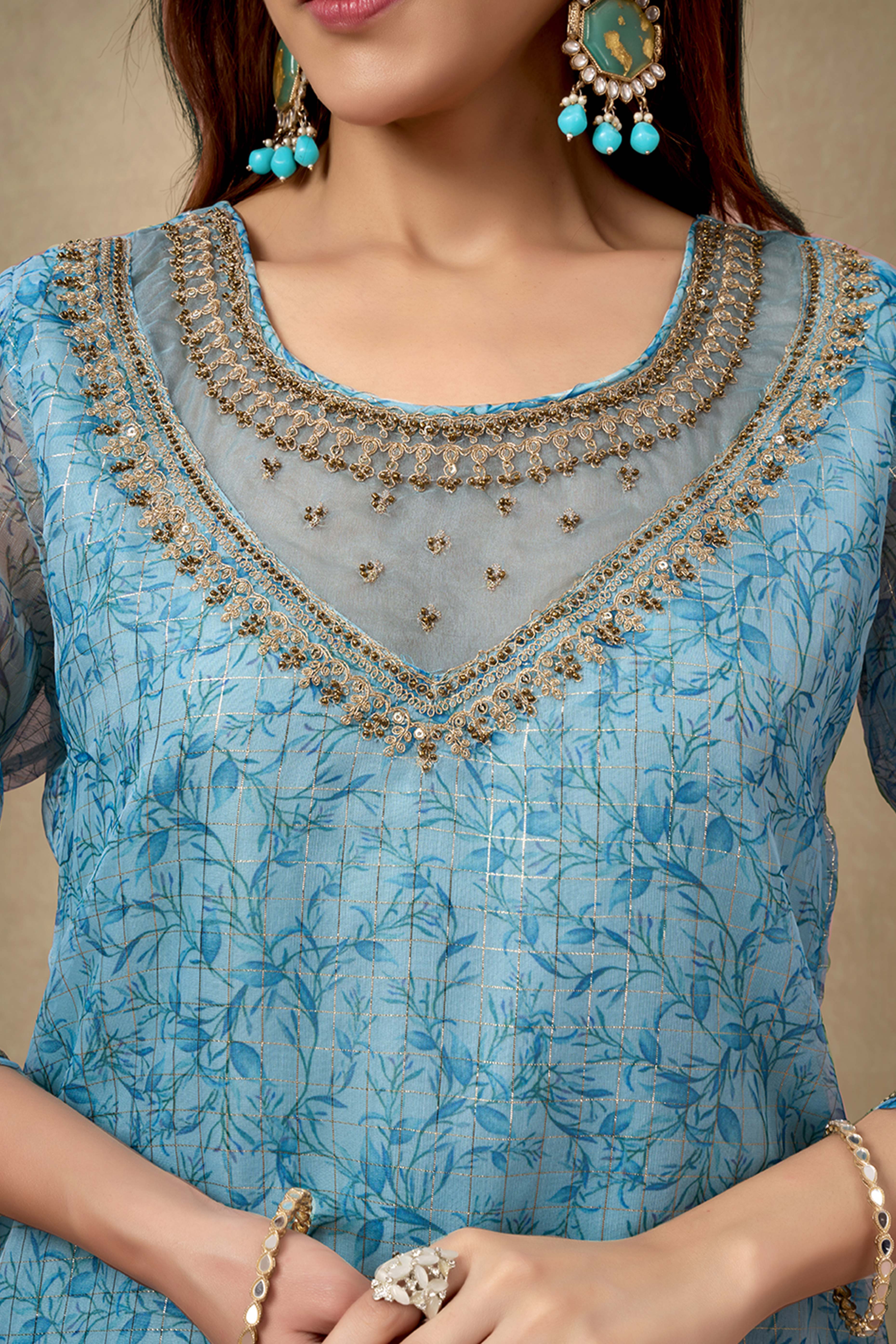 Light Sky Blue Floral Print With Zari Weaving Work Organza Straight Salwar Suit