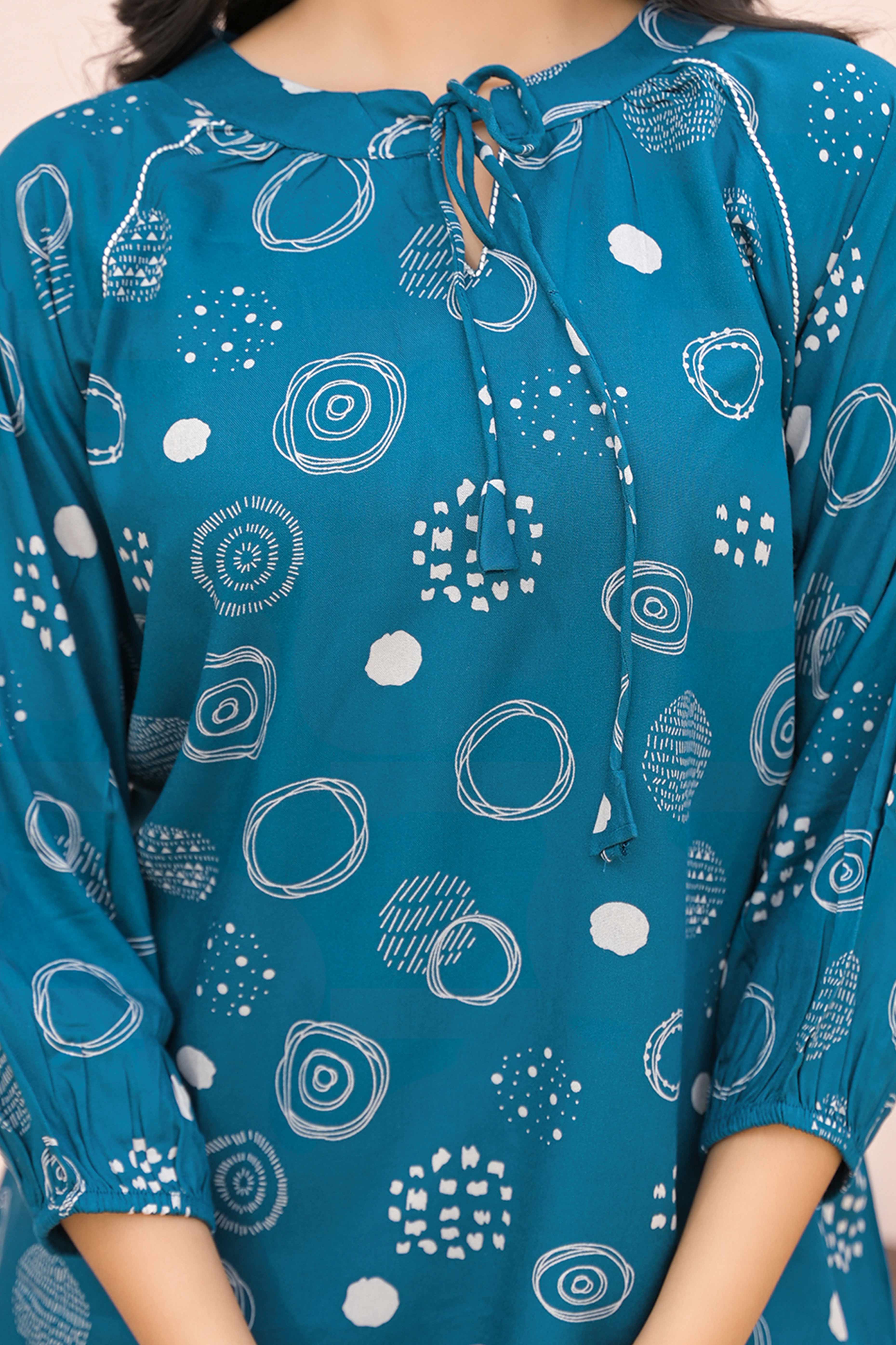 Trendy Blue Straight-Cut Rayon Top with All-Over Print