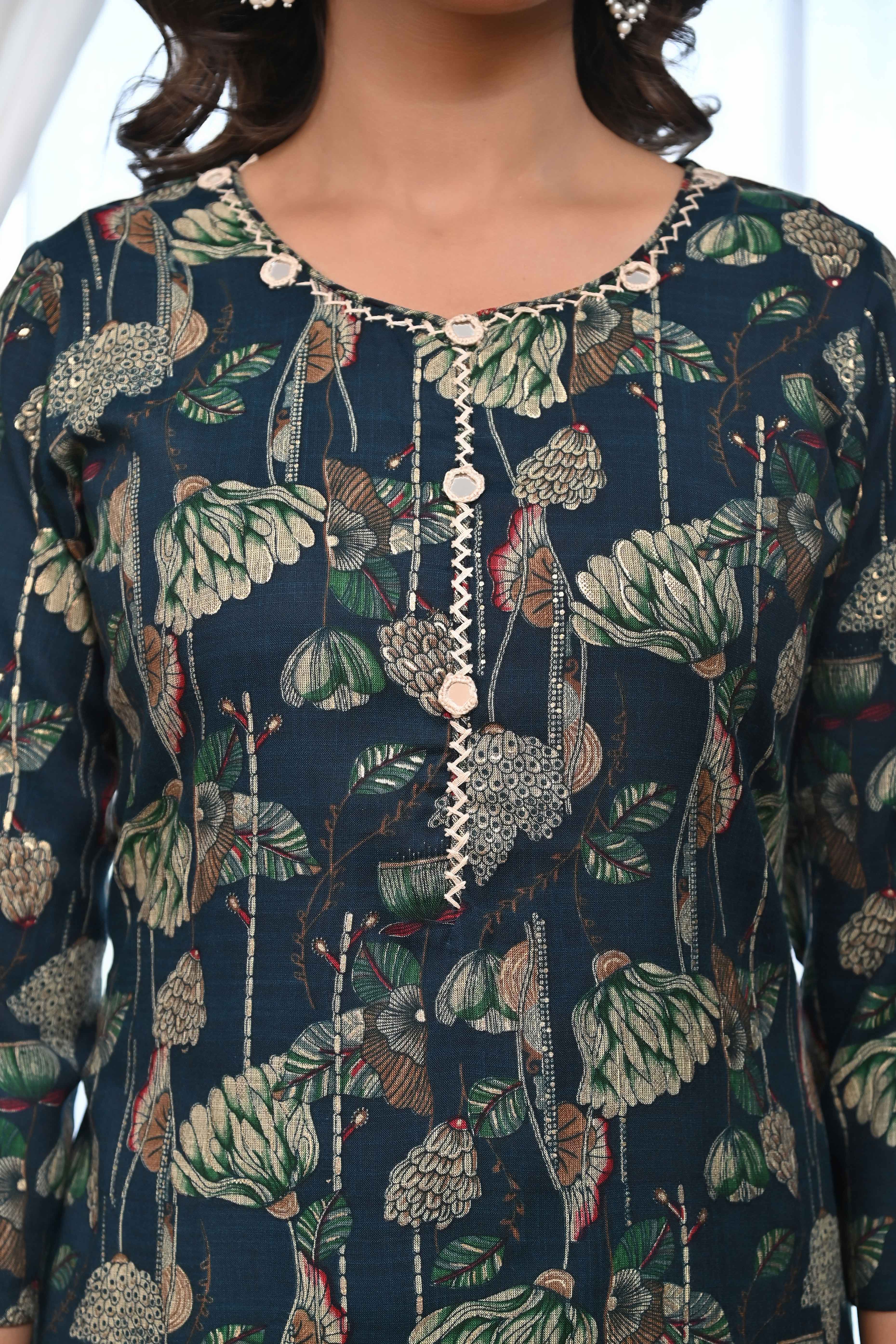 Dark Teal Blue Rayon Salwar Suit With Blooming Floral Print & Elegant Mirror Thread Work