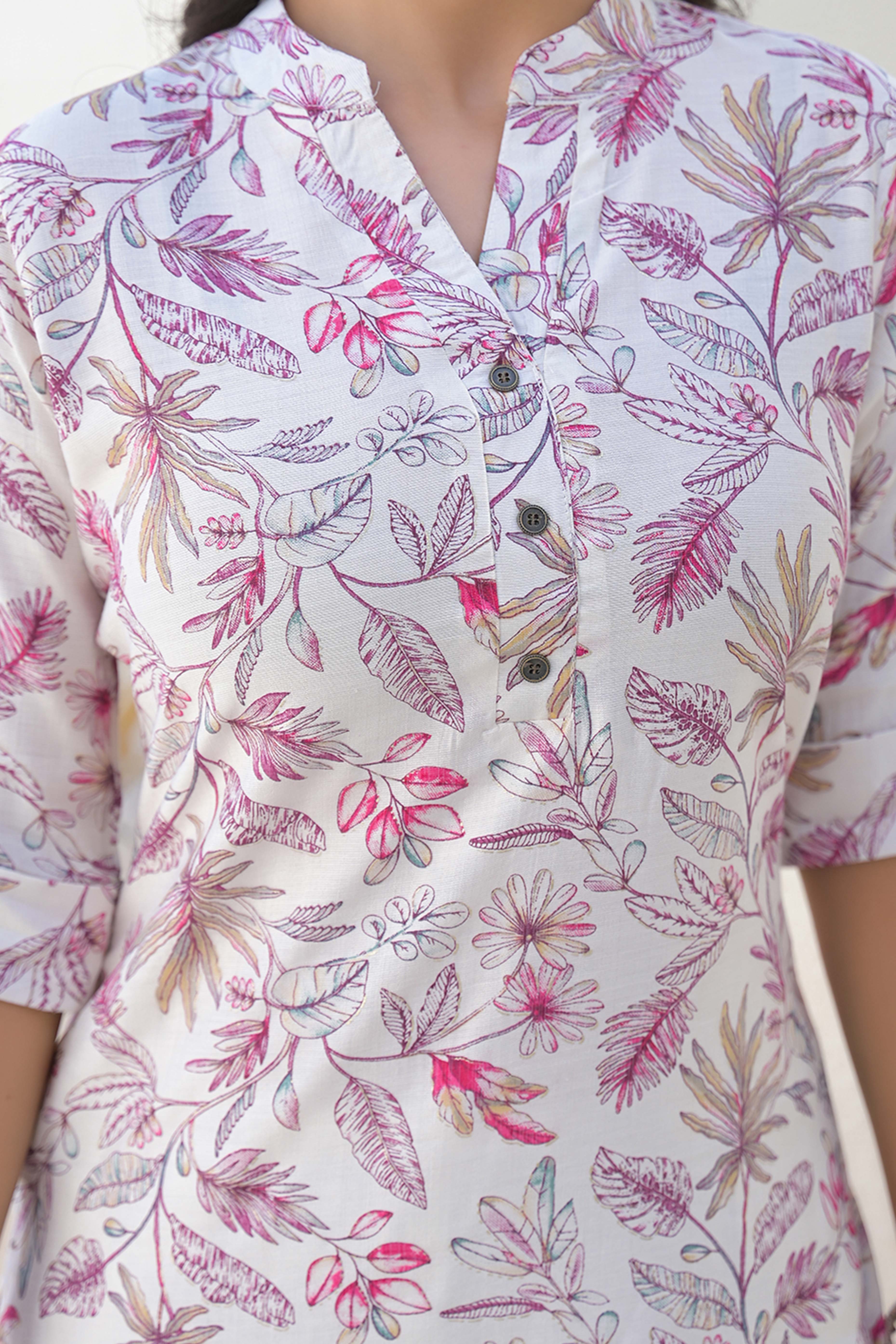 Off White Pure Cotton Straight Kurti with Delicate Floral Prints