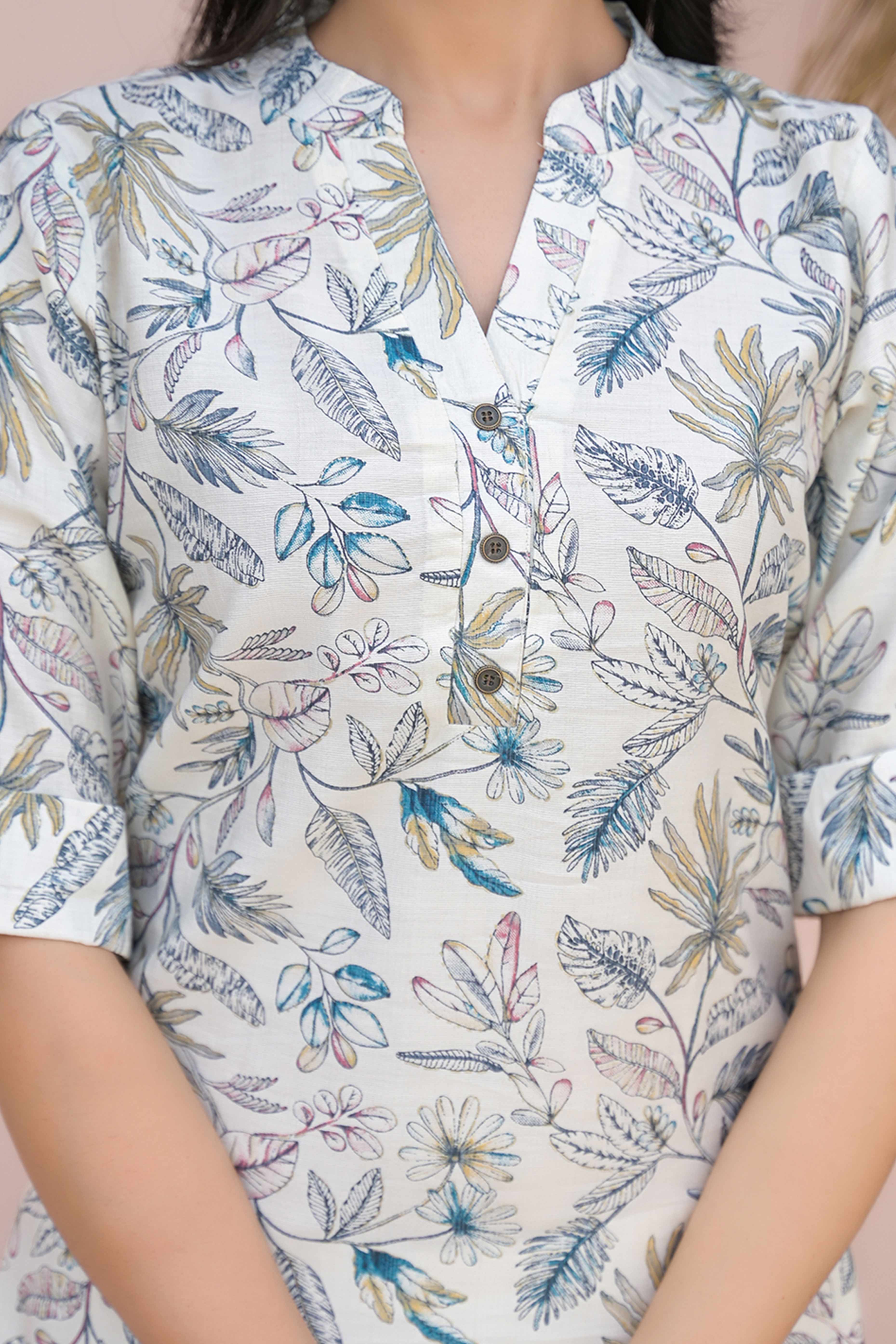 Off White & Blue Floral Printed Pure Cotton Straight Kurti