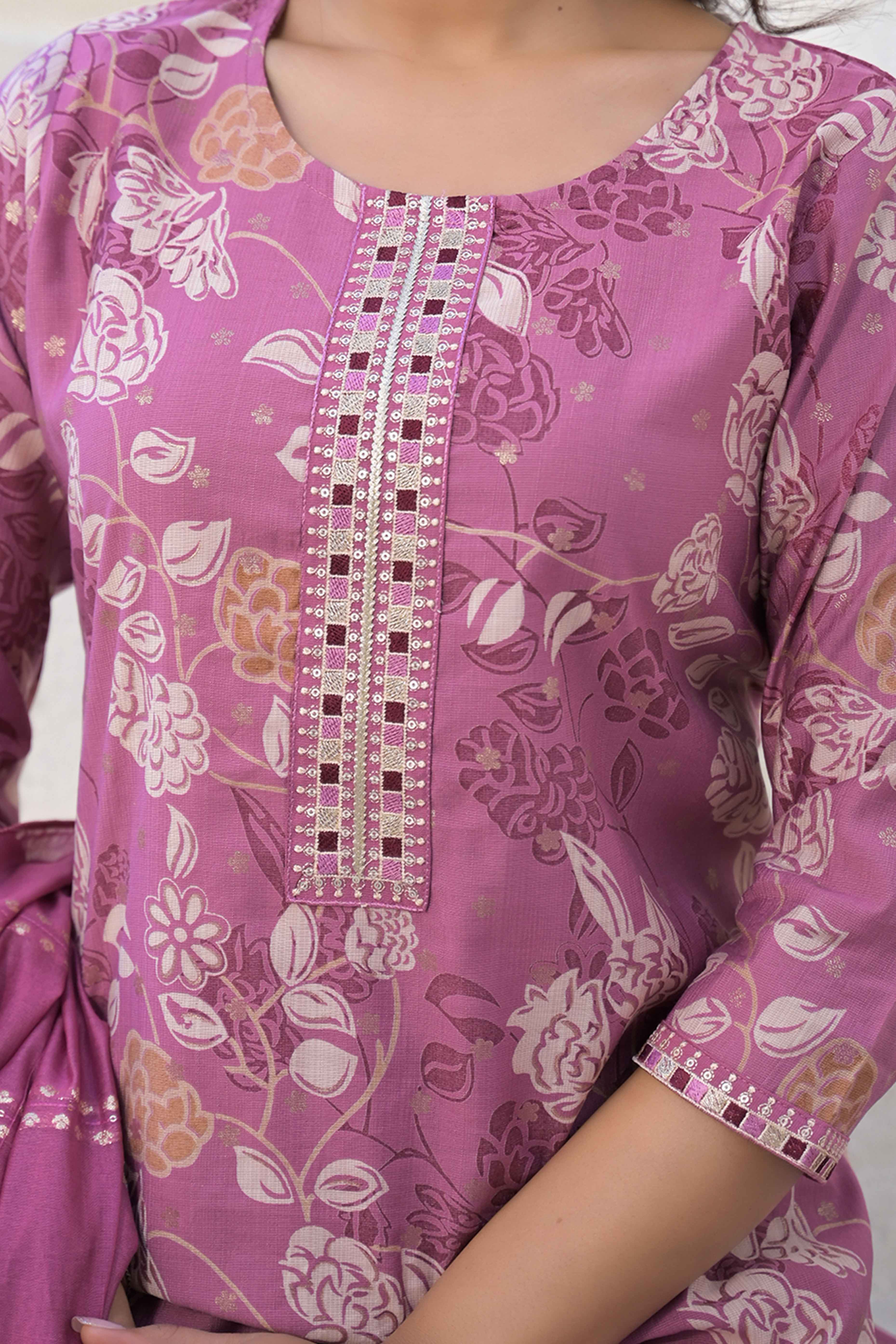 Light Purple Straight Viscose Salwar Suit With Delicate Floral Prints