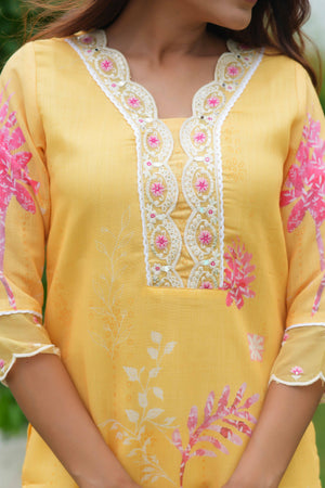 Yellow Floral With Lace Work One Neck Linen Salwar Suit