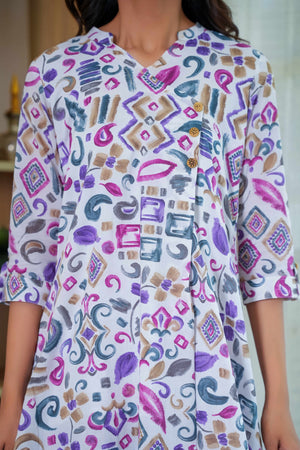 White and Purple Abstract Pattern Angrakha Style Co-Ord Set in Soft Cotton Fabric