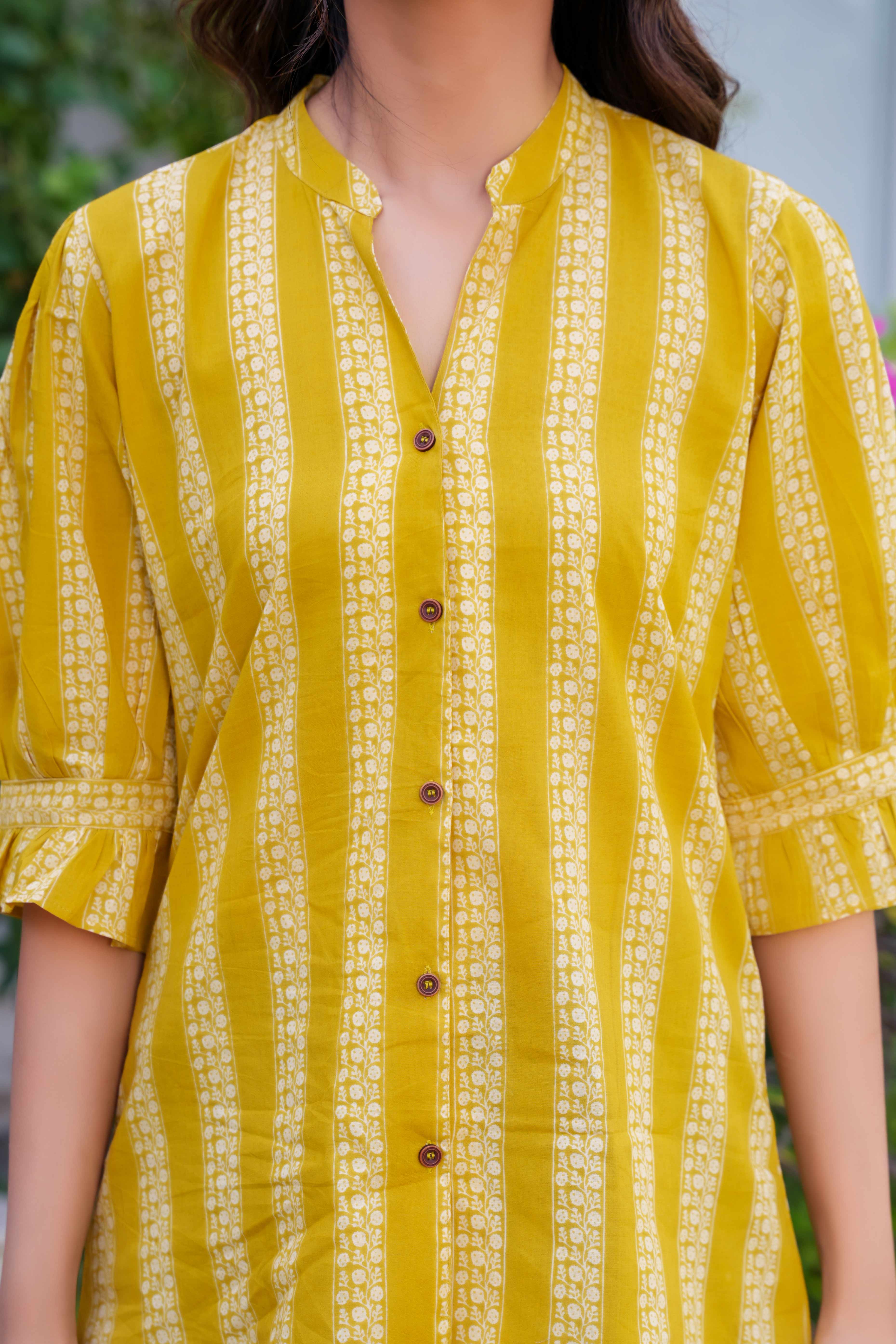 Everyday Comfort Olive Shirt Top with Elegant Floral-Striped Print in Pure Cotton