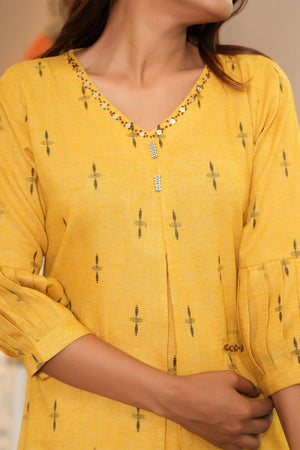 Yellow Pure Cotton A-Line Kurti with Elegant Weaving and Beads Work