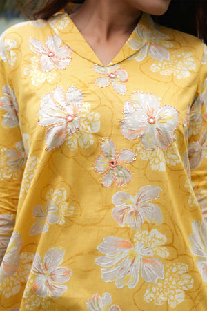 Yellow Co-Ord Set in Pure Cotton with Floral Print & Hand Embroidery