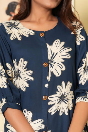 Navy Blue Printed Rayon Kurti in Flattering A-Line Fit