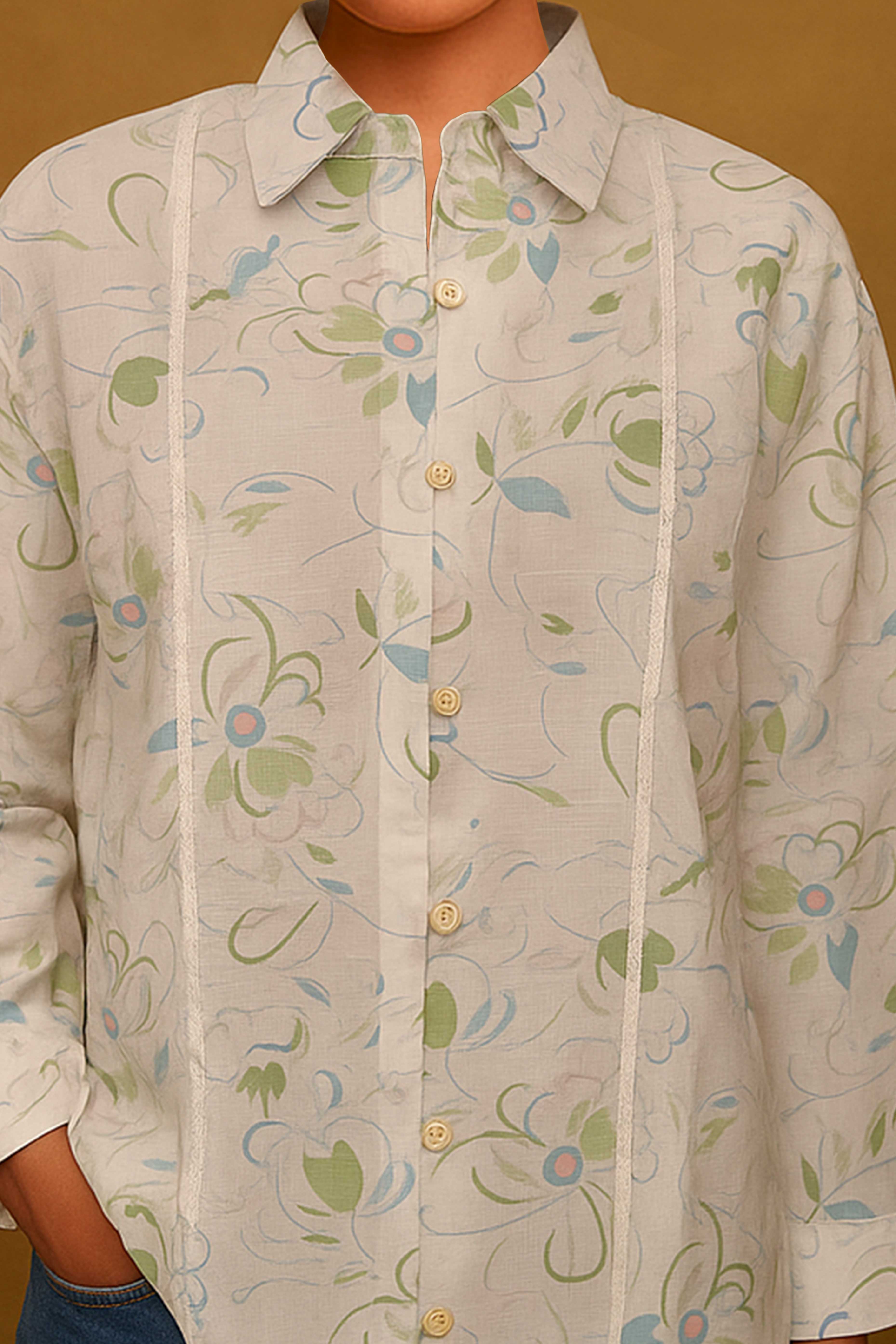 Pure Cotton Off White Shirt Top with Timeless Floral Print Detailing
