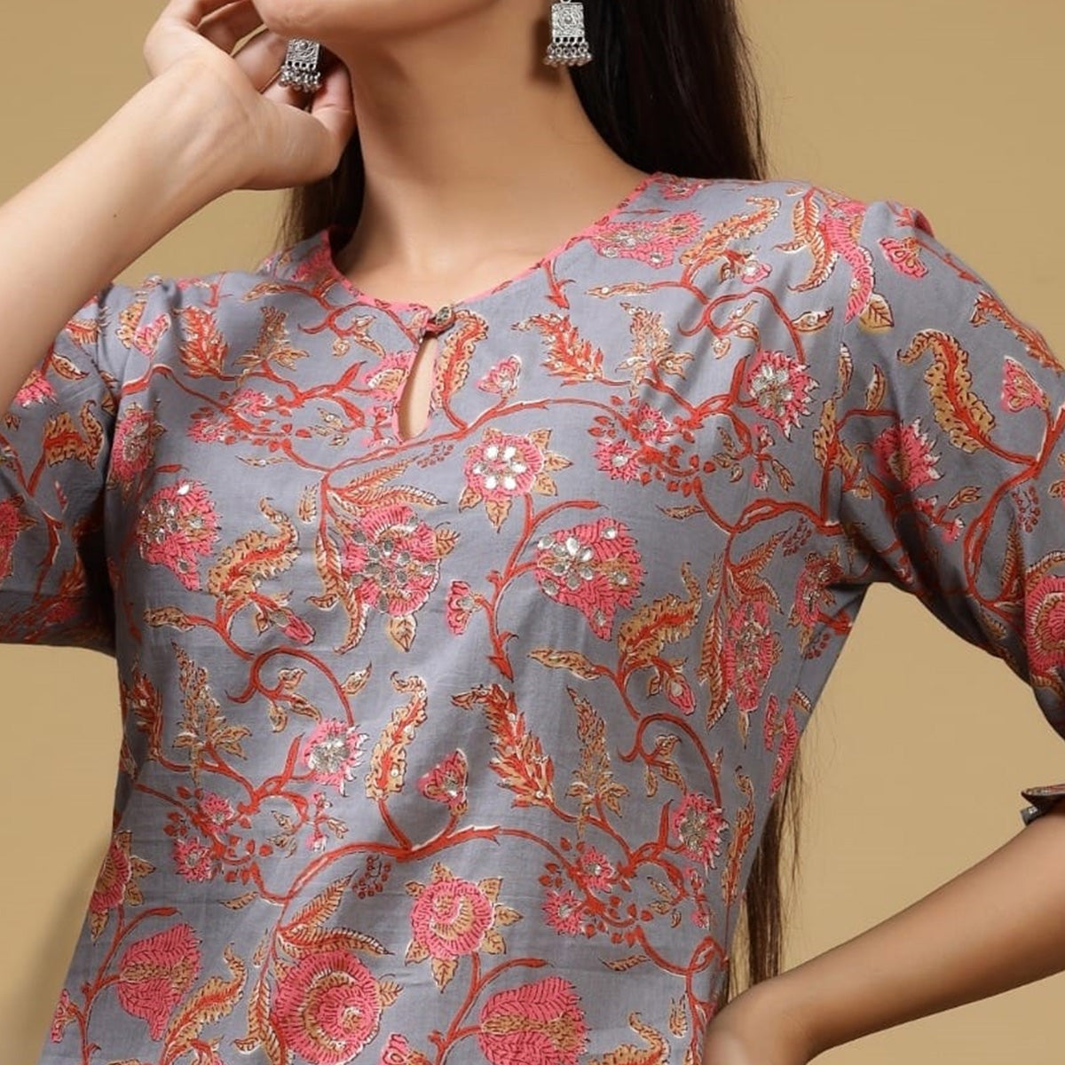 Grey Floral Printed With Gota Work Pure Cotton Kurti Pant Set