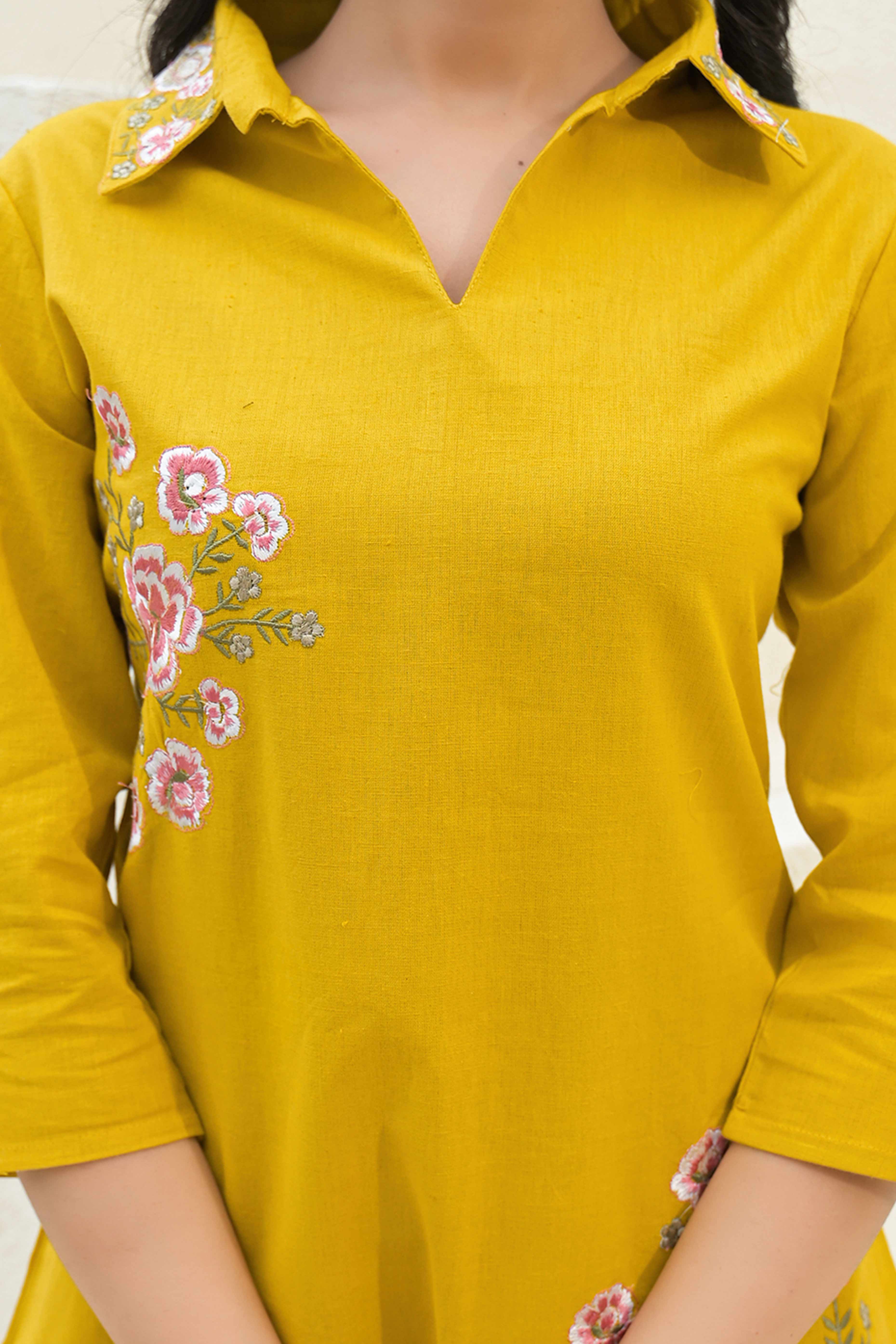 Chic Mustard Pure Cotton Co-Ord Set with Collar Neck and Delicate Floral Embroidery