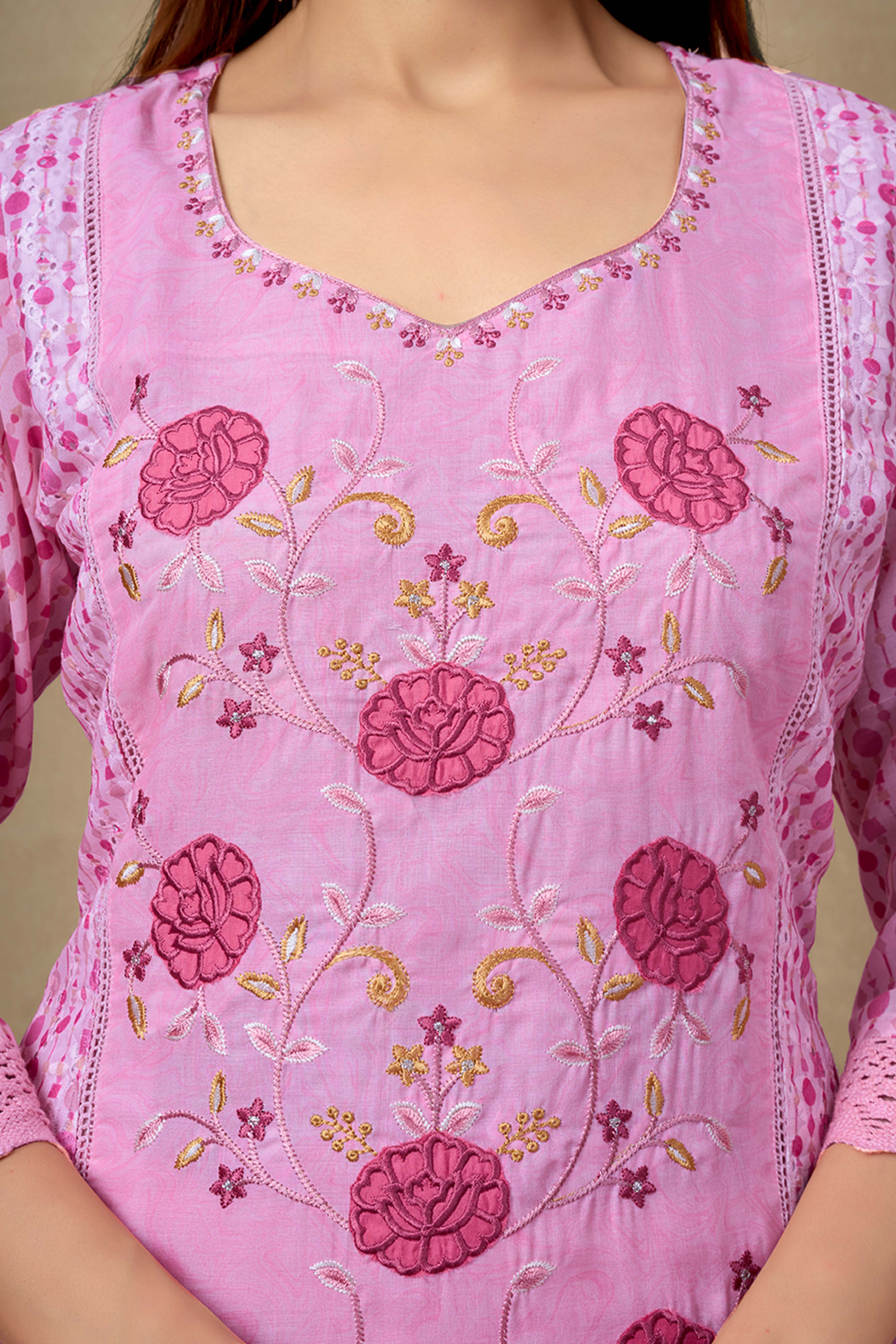 Pink Cotton Blend Straight Suit Featuring Feminine Floral Designs