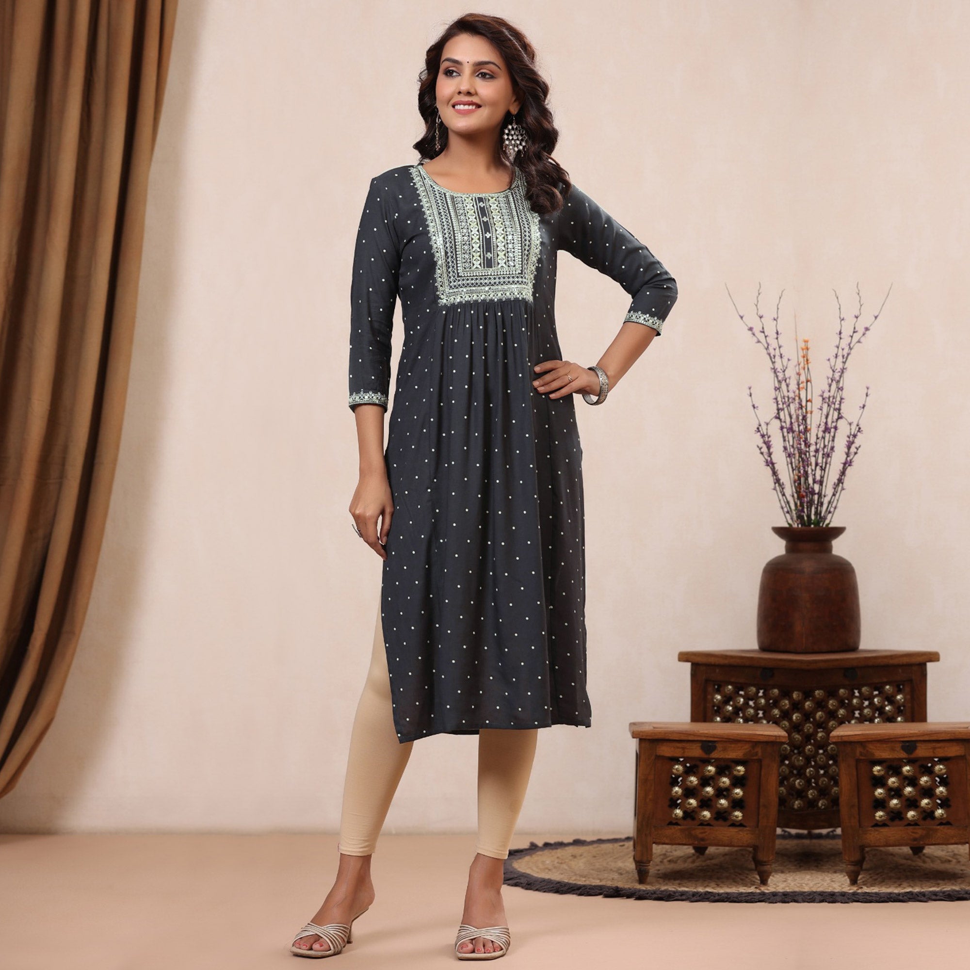 Grey Floral Embroidered Rayon Kurti