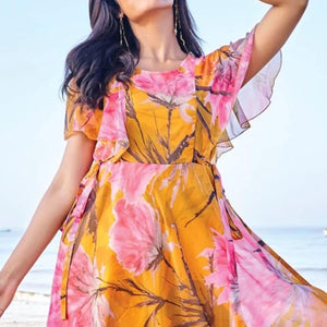 Mustard Digital Floral Printed Chiffon Maxi Dress