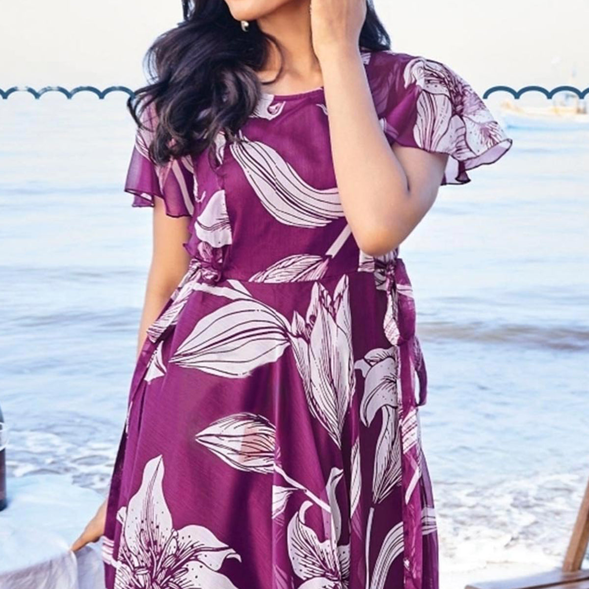 Purple Digital Floral Printed Chiffon Maxi Dress
