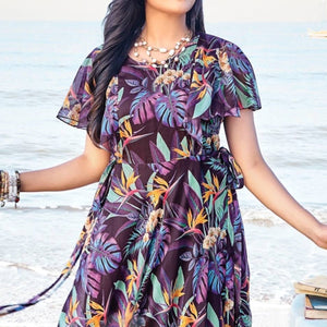 Wine Digital Floral Printed Chiffon Maxi Dress