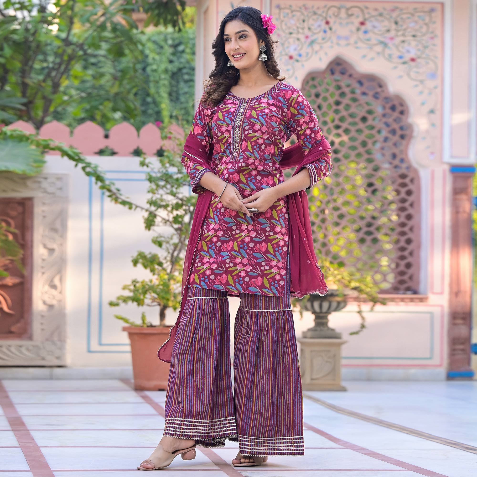 Wine Floral Printed Pure Cotton Sharara Suit