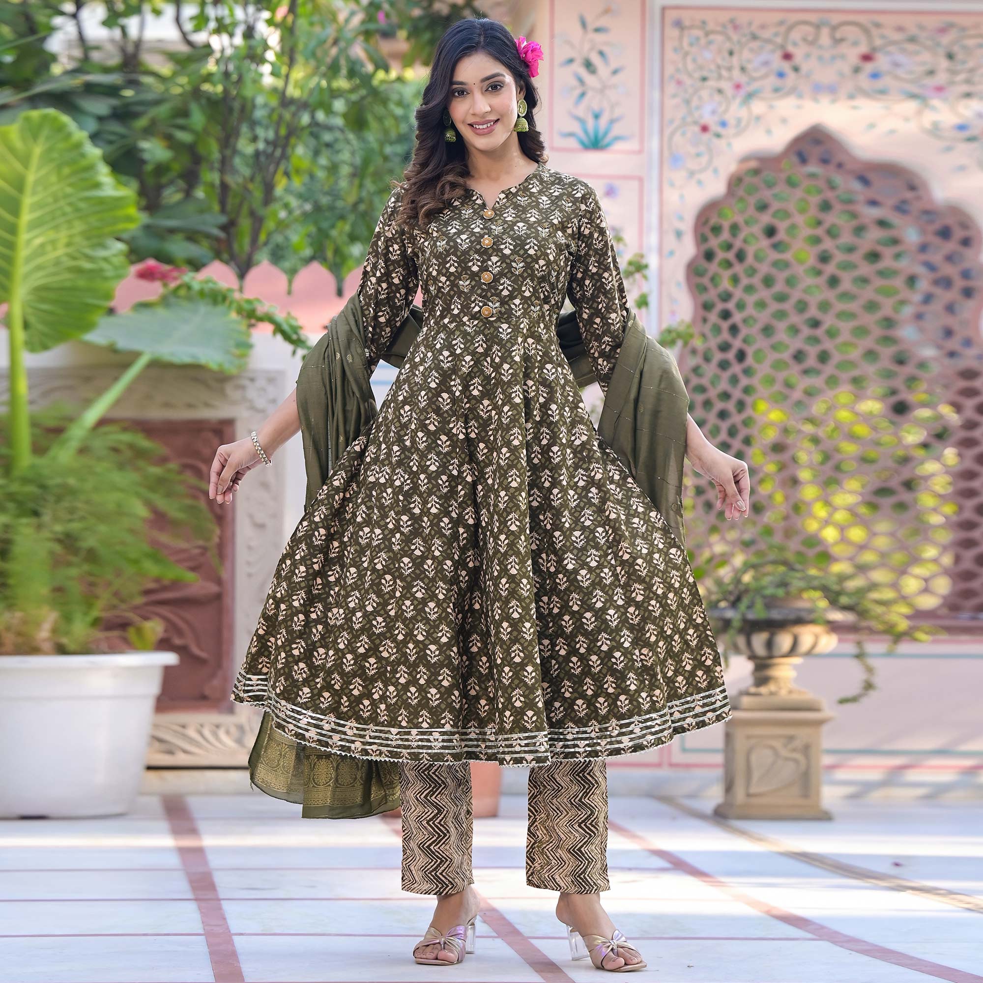 Green Floral Printed Pure Cotton Anarkali Salwar Suit