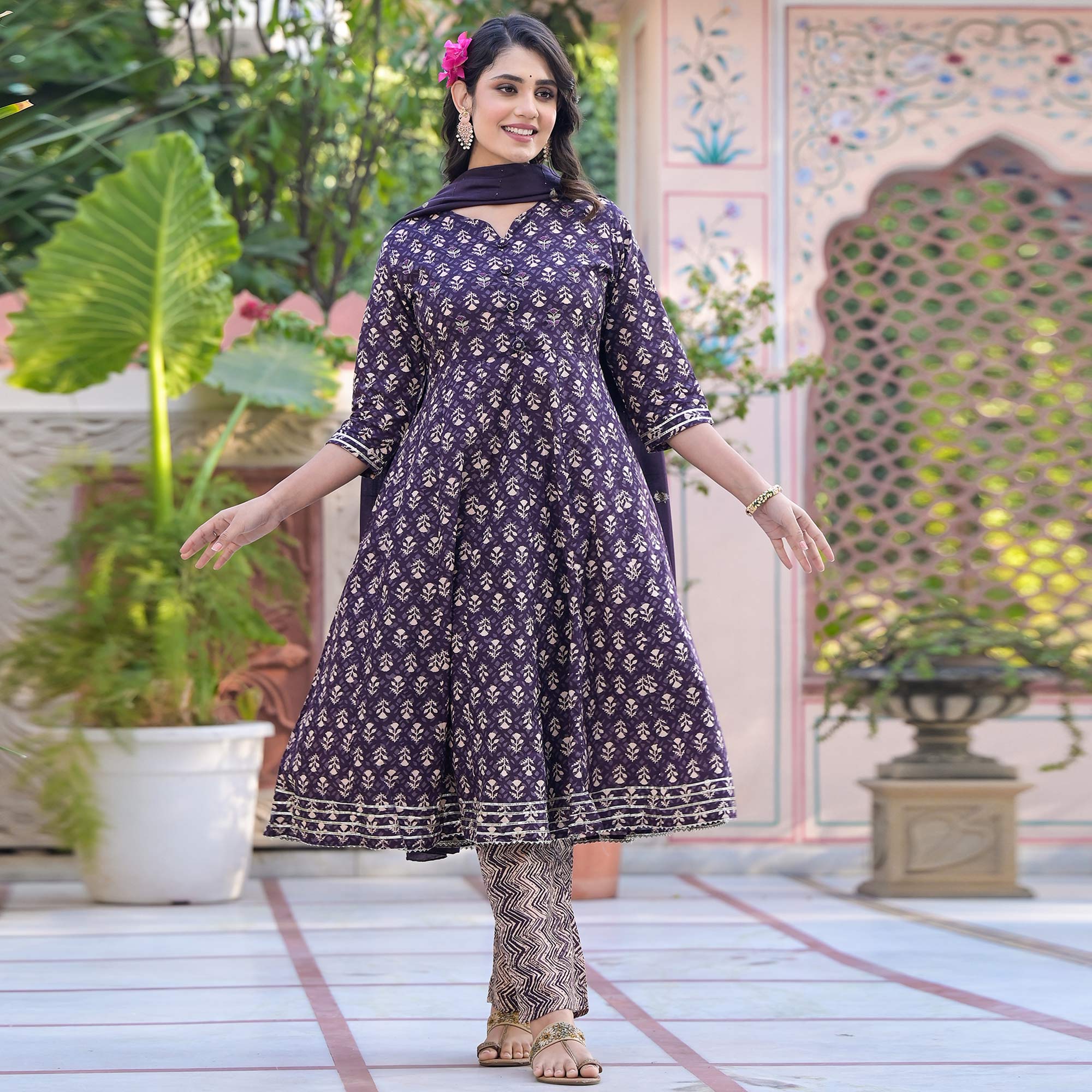 Purple Floral Printed Pure Cotton Anarkali Salwar Suit