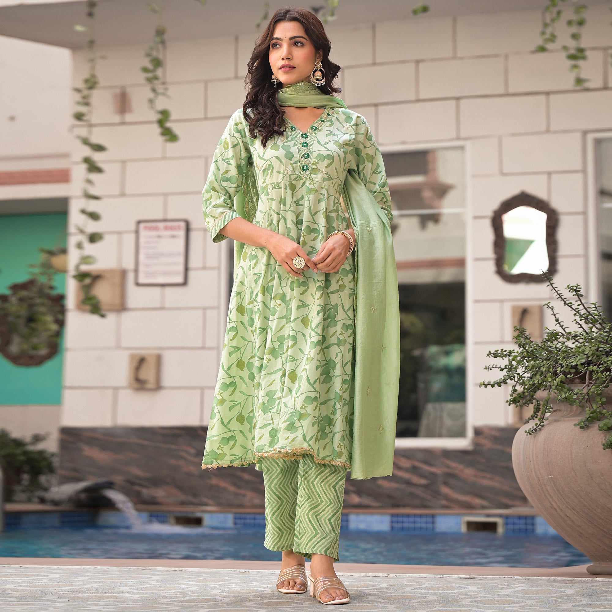 Pista Green Printed Pure Cotton A-Line Salwar Suit