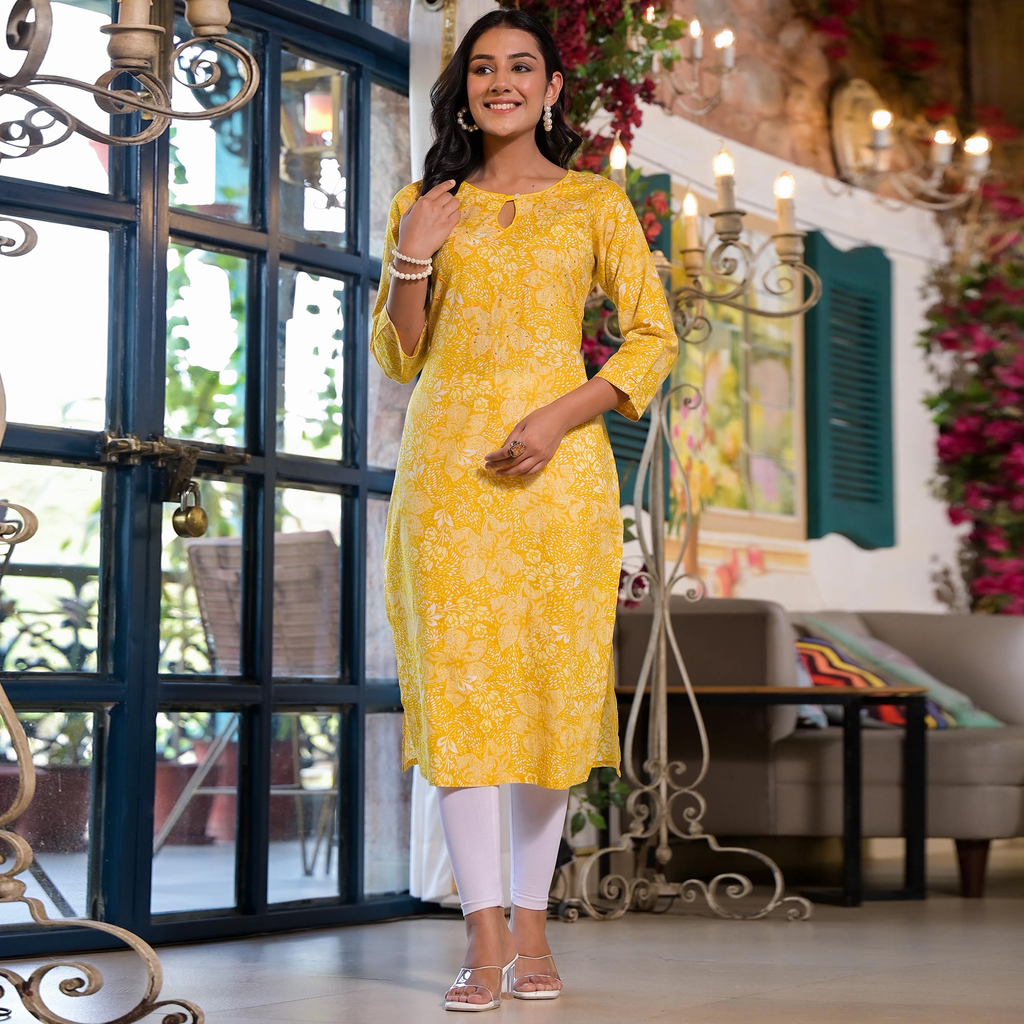 Yellow Floral Printed Pure Cotton Straight Kurti