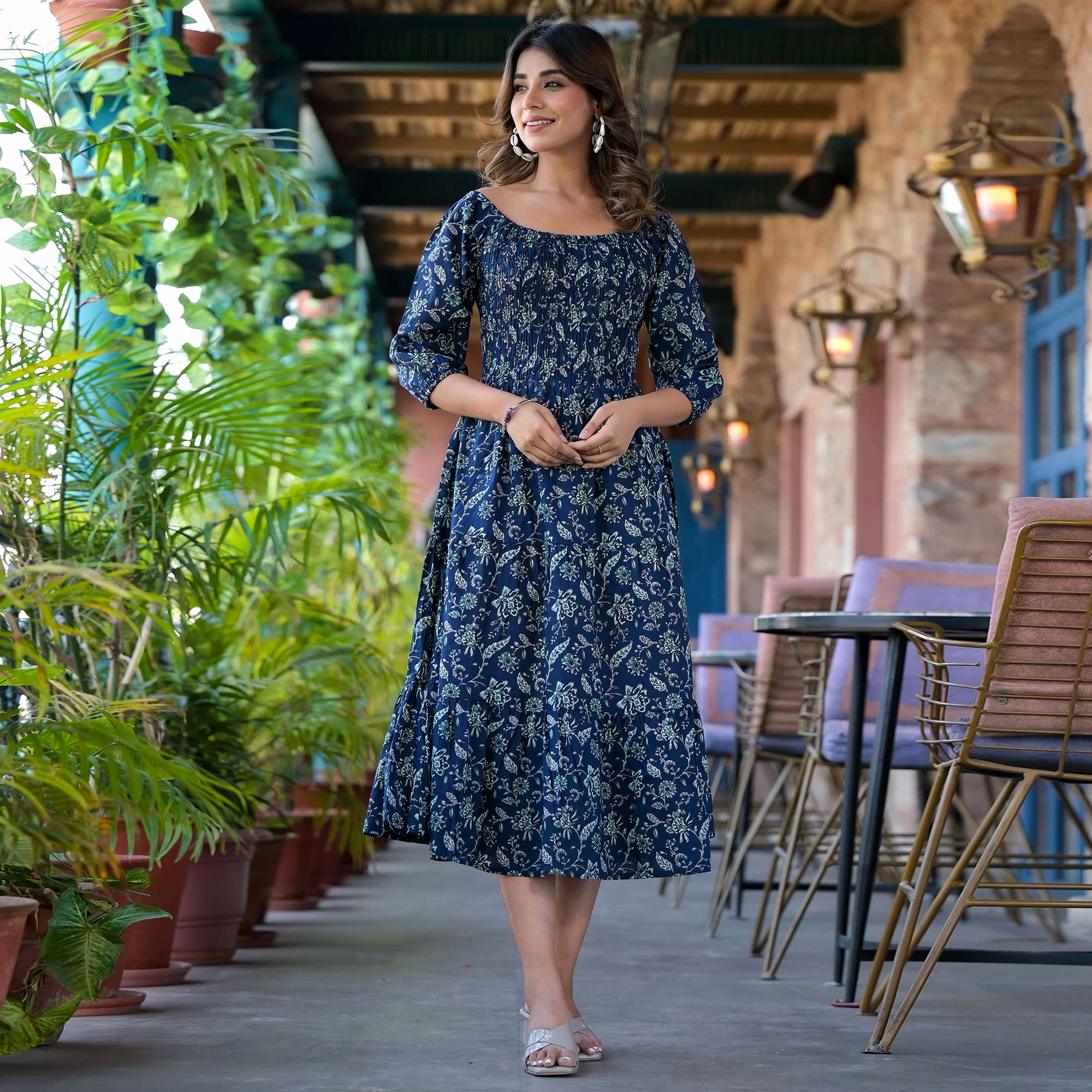 Navy Blue Floral Printed Pure Cotton Maxi Dress