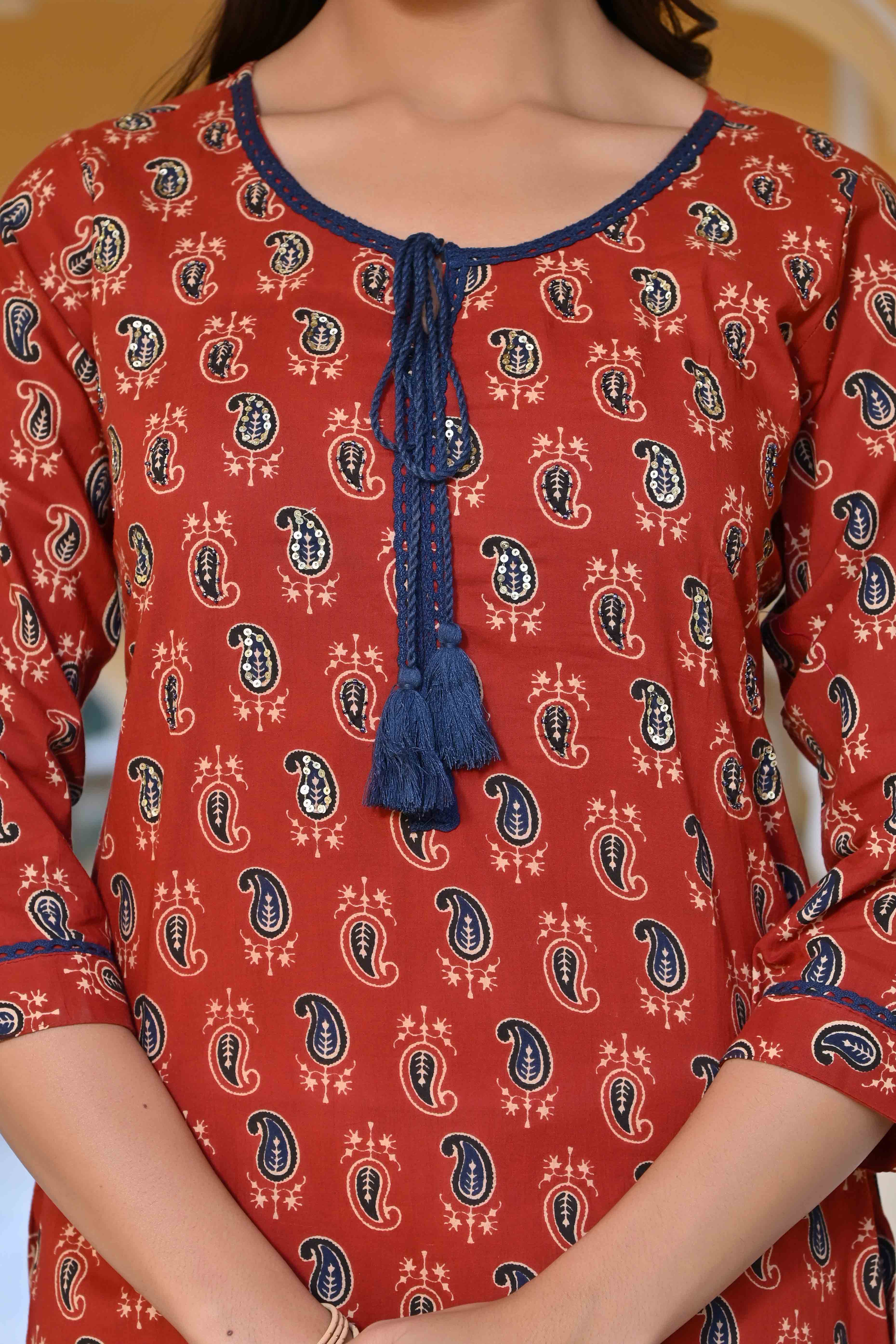 Turkey Red Paisley Printed Pure Cotton Straight Kurti