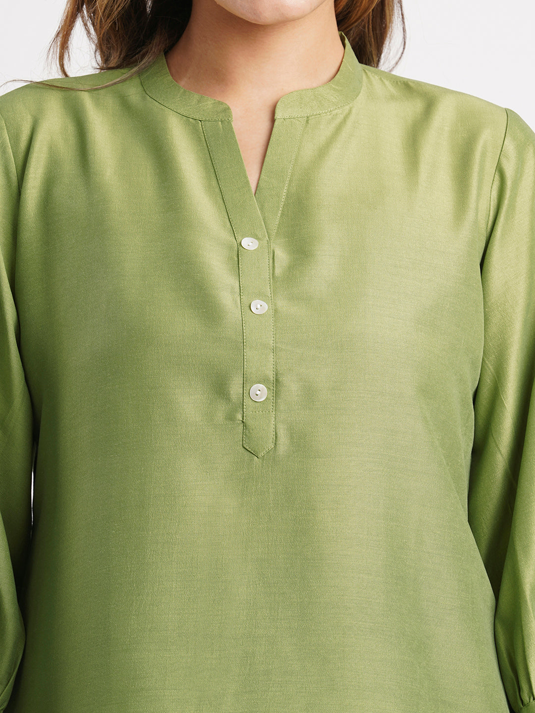 Green Solid Poly Chinon Straight Top