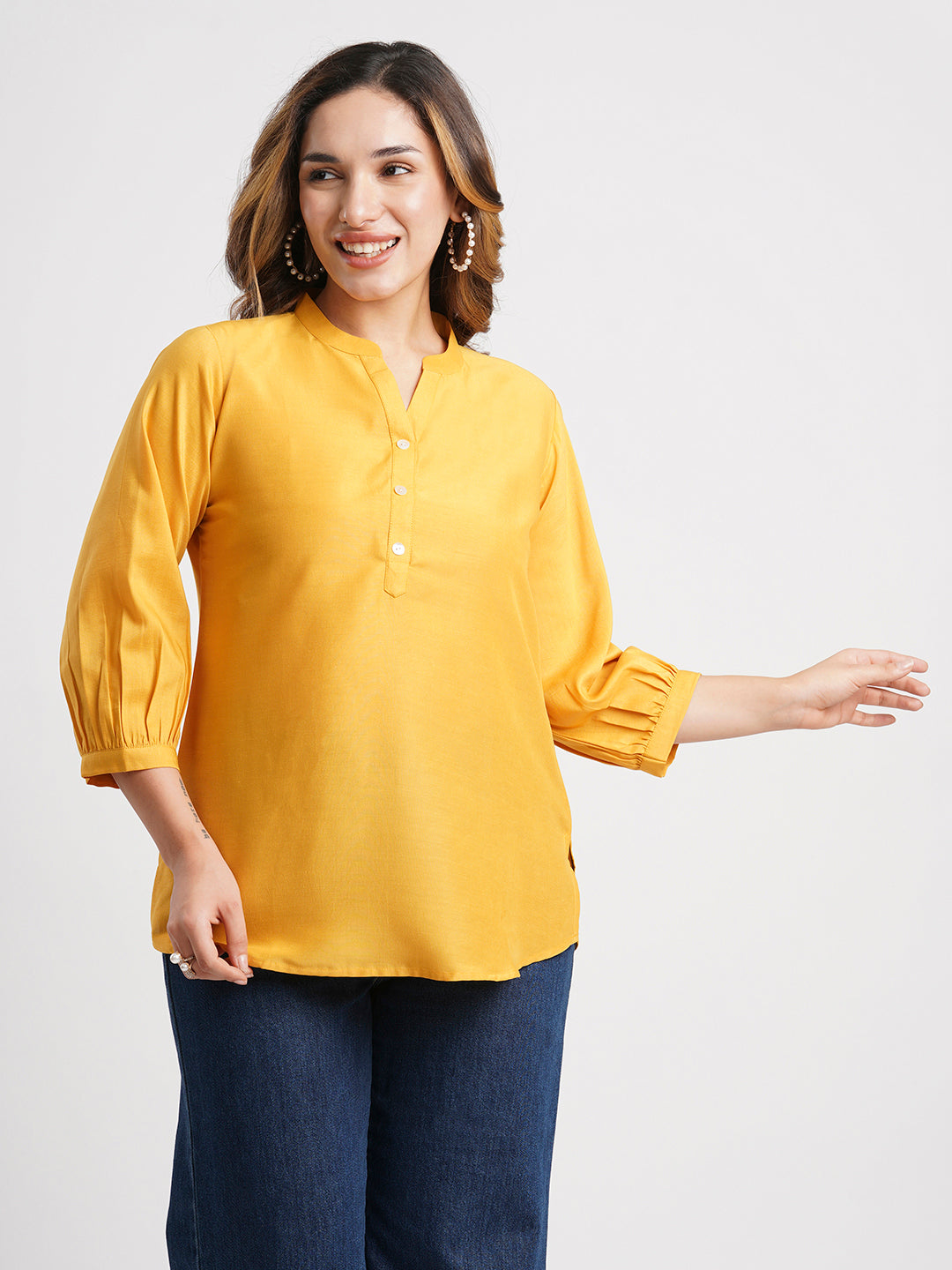 Mustard Solid Poly Chinon Straight Top