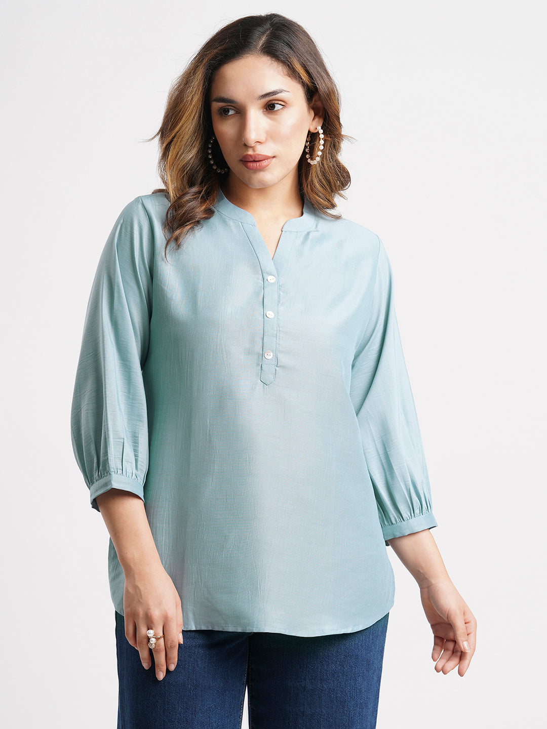 Sky Blue Solid Poly Chinon Straight Top