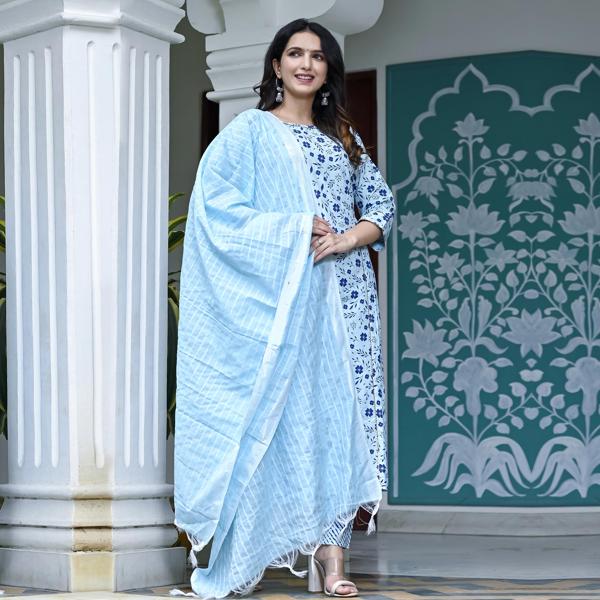 Light Blue Floral Printed Pure Cotton Suit