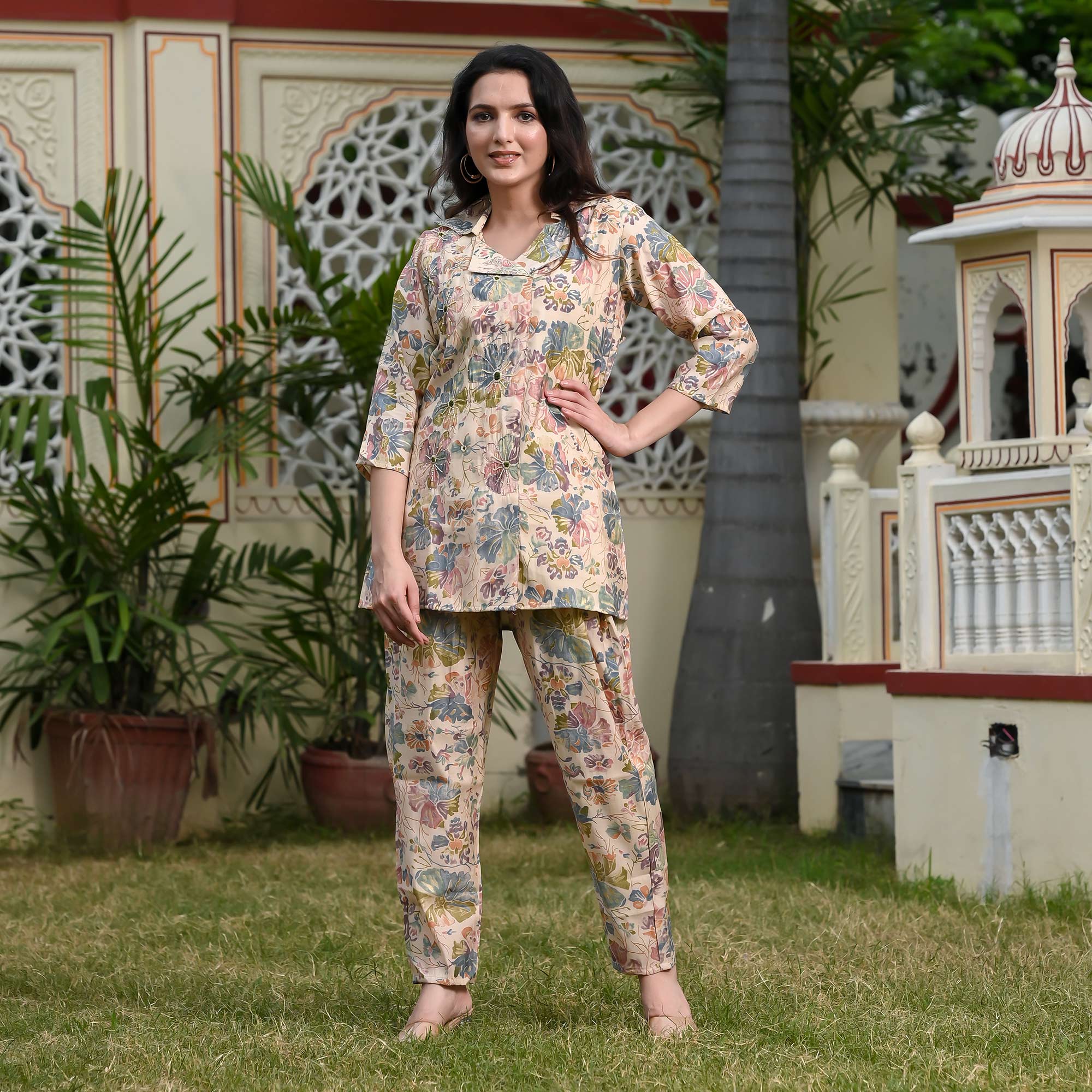 Cream Floral Printed Muslin Co Ord Set