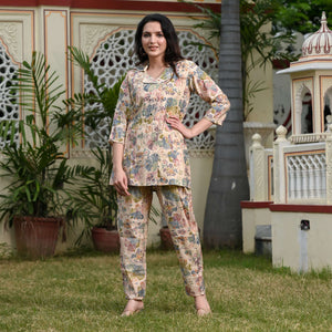 Cream Floral Printed Muslin Co Ord Set