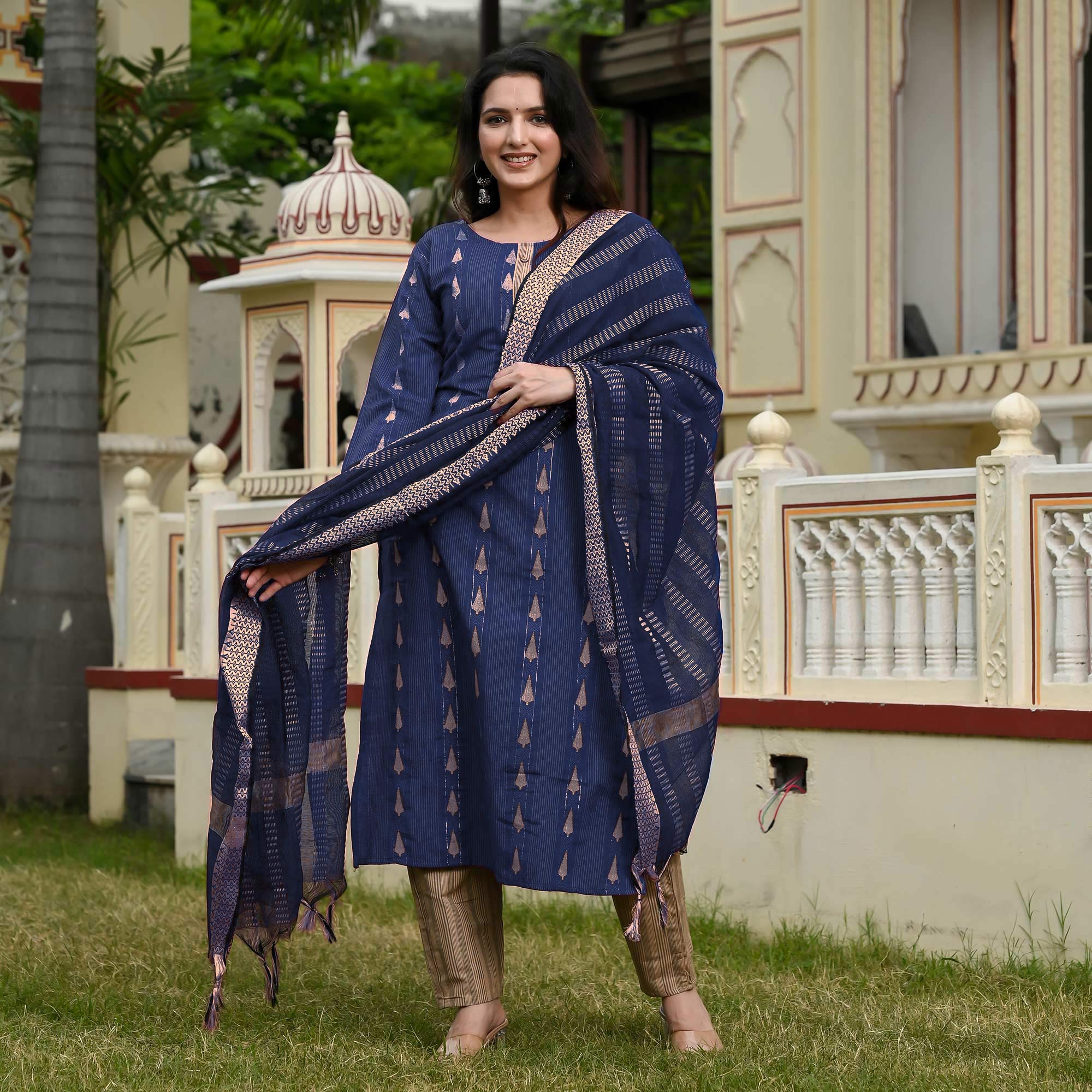 Navy Blue Woven Cotton Blend Salwar Suit