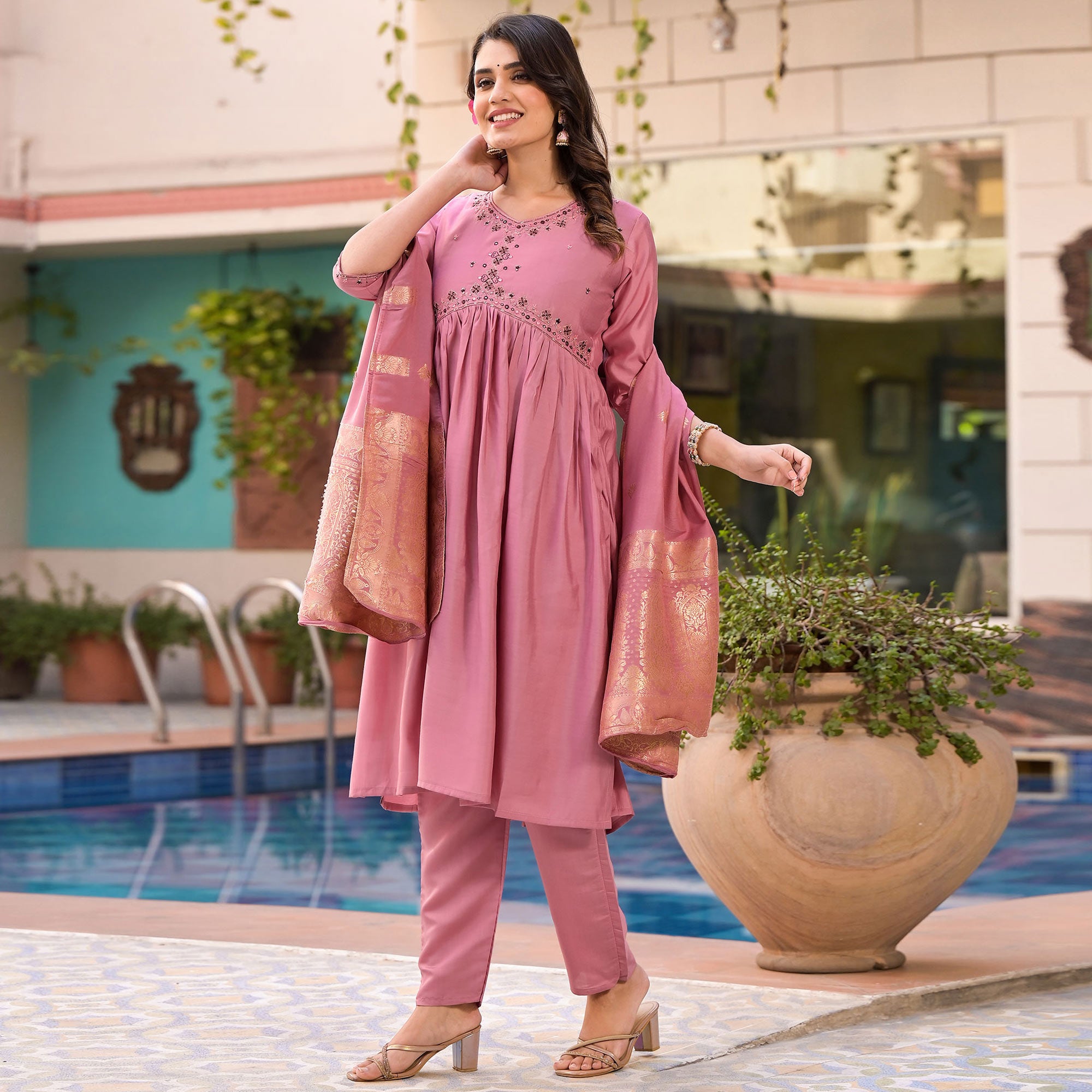 Pink Embroidered Viscose Salwar Suit