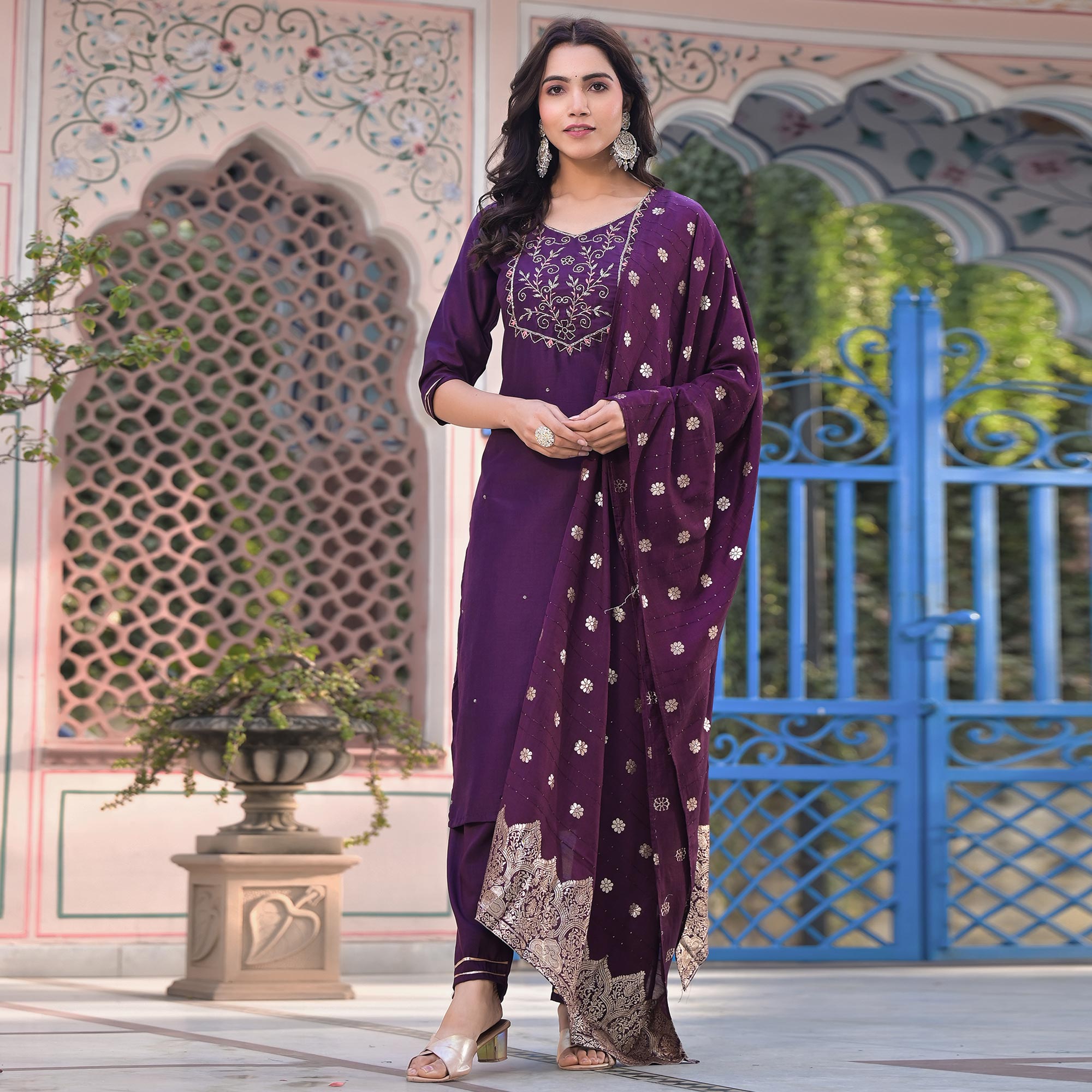 Wine Embroidered Chinon Salwar Suit With Handcrafted