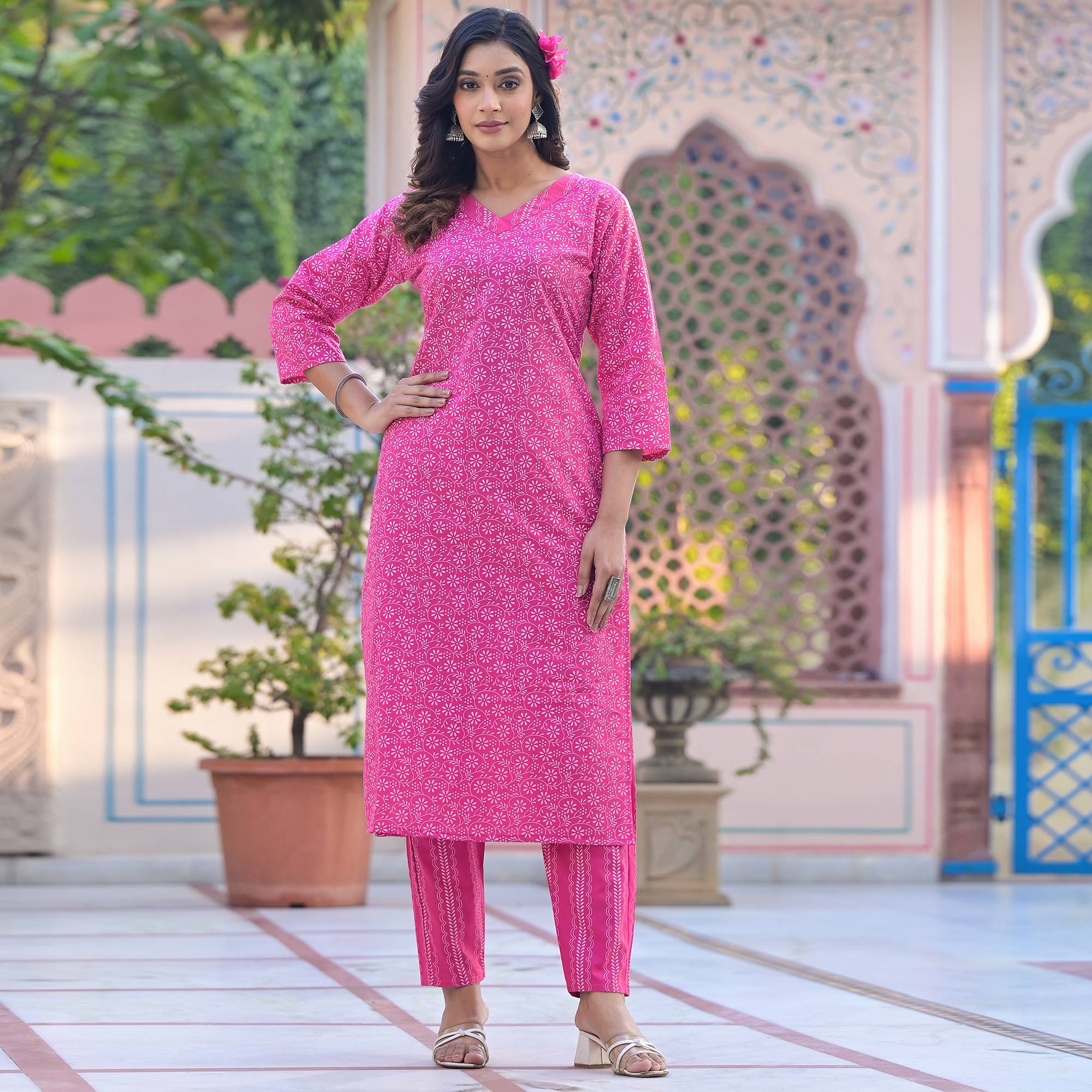 Pink Printed Pure Cotton Straight Kurti Sets